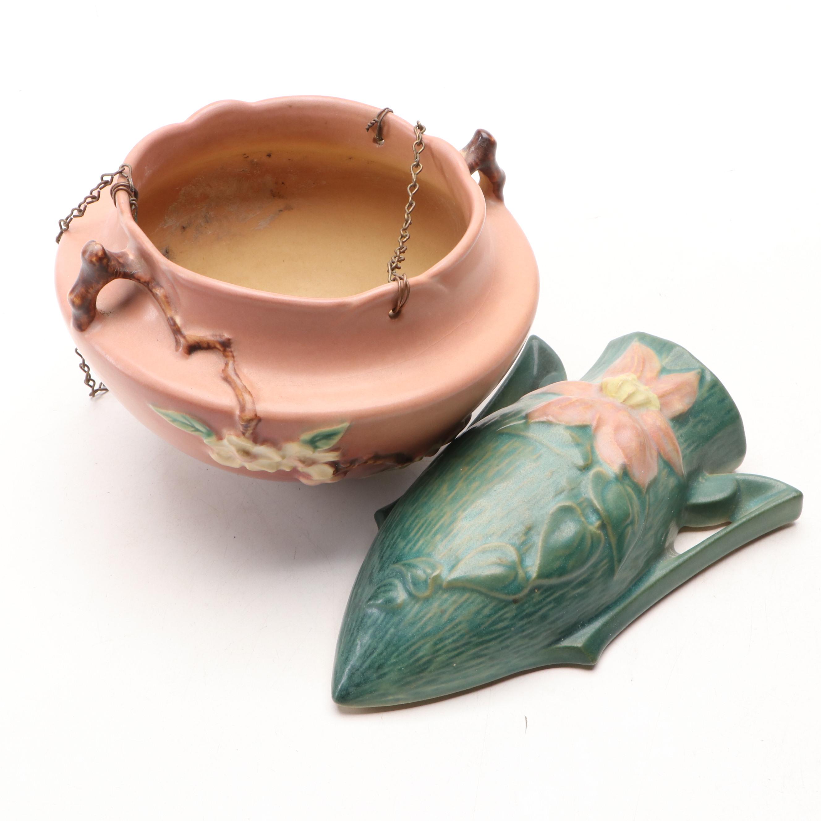 Roseville Pottery "Apple Blossom" Hanging Planter and "Clematis" Wall Pocket