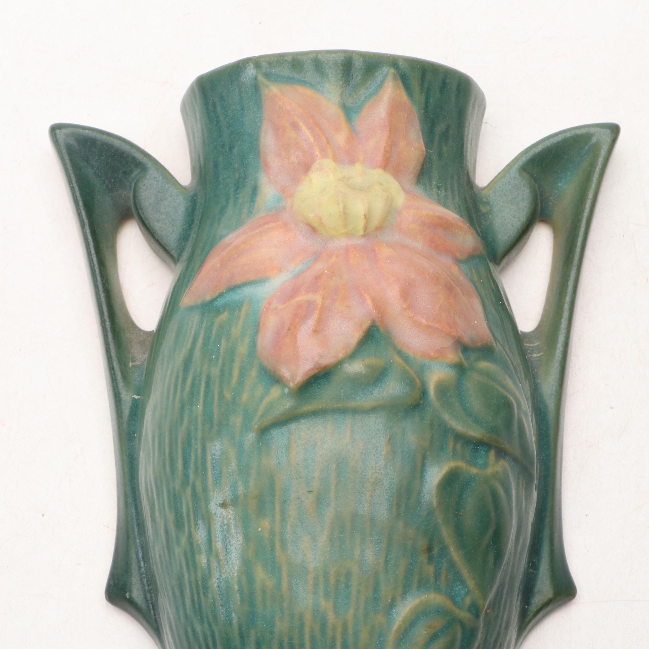 Roseville Pottery "Apple Blossom" Hanging Planter and "Clematis" Wall Pocket