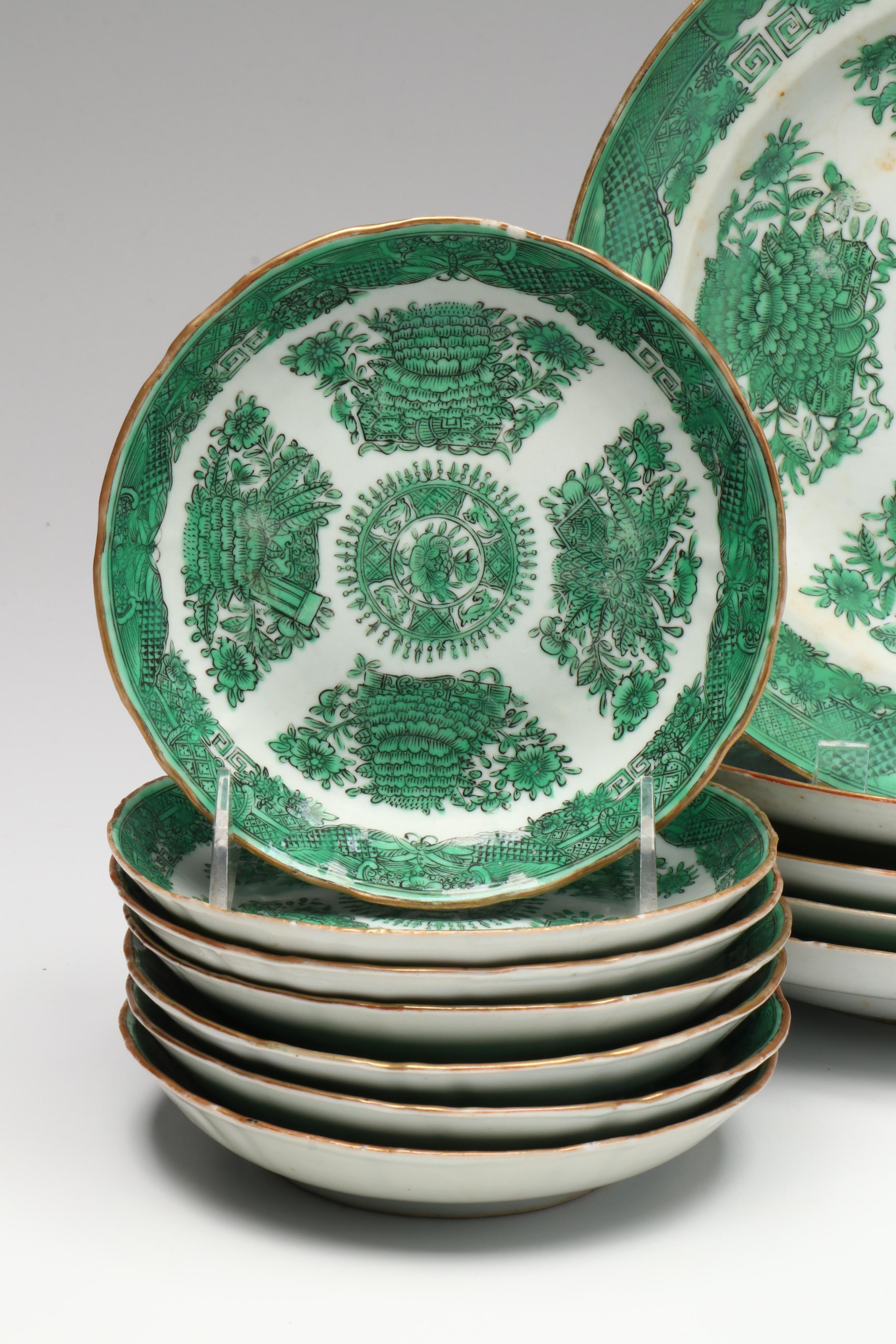 Antique Chinese Export "Fitzhugh Green" Porcelain, 19th Century