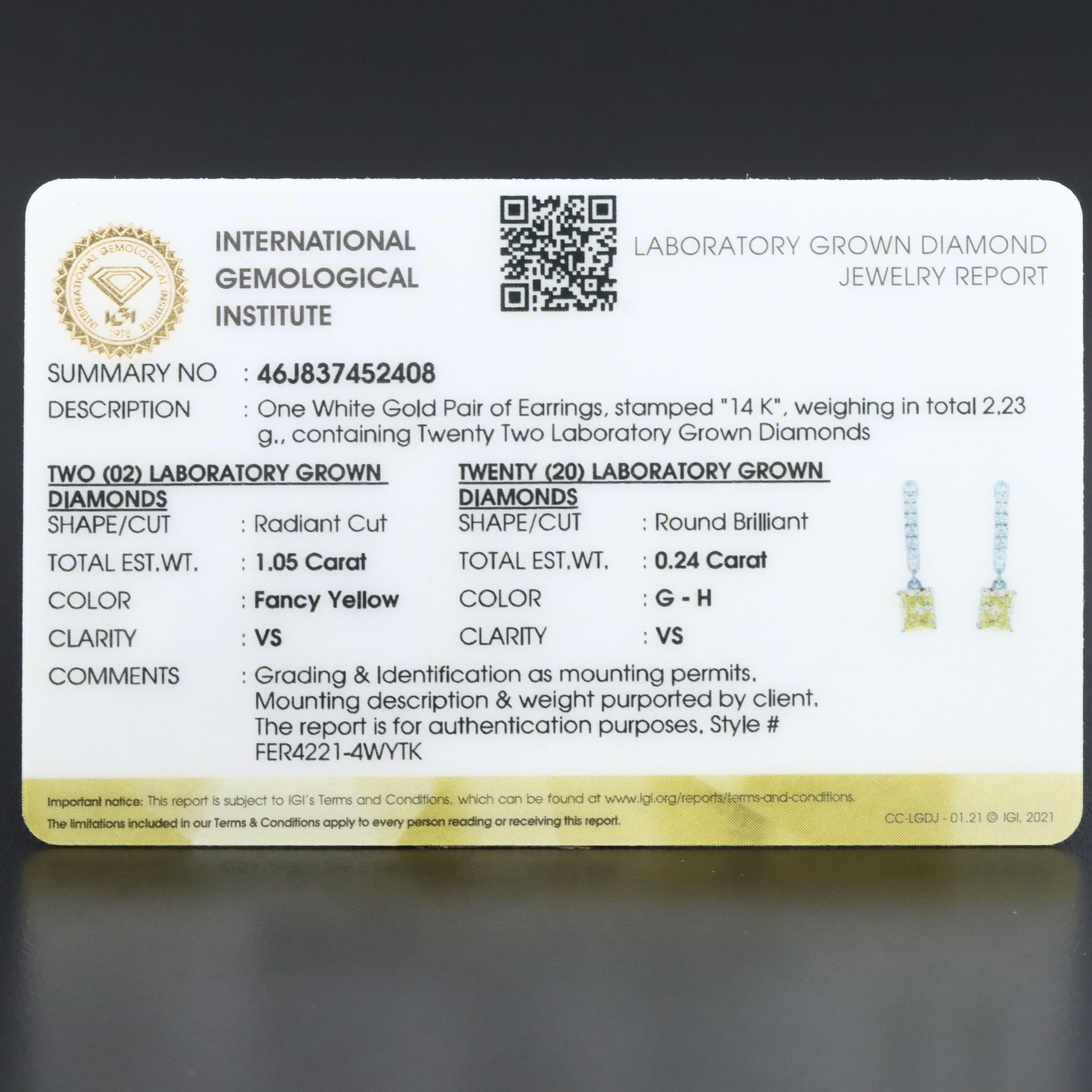 14K 2.23 CTW Lab Grown Diamond Earrings with Fancy Yellow and IGI Jewelry Report