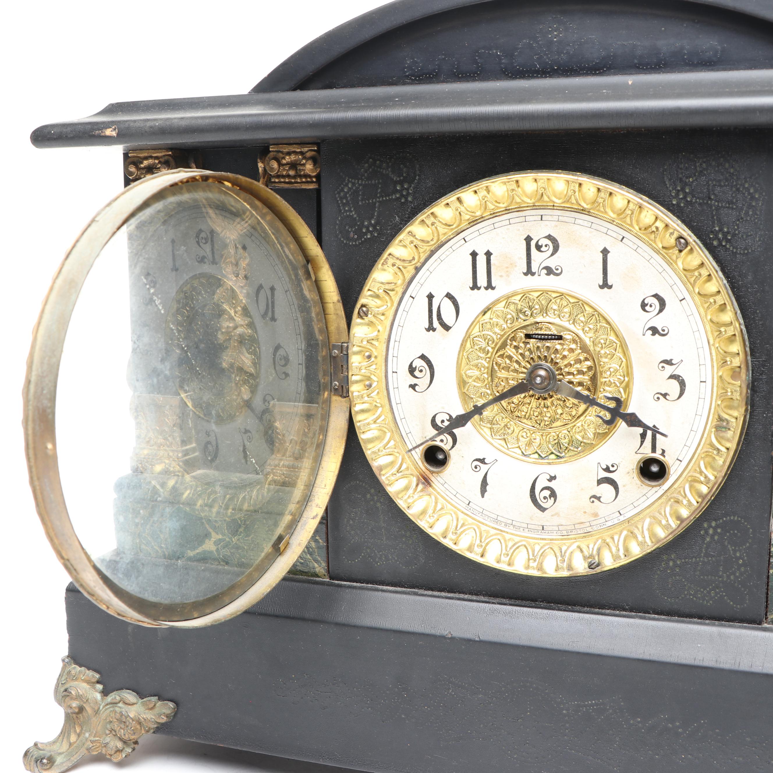 Neoclassical Style E. Ingraham Co. Wooden and Brass Mantel Clock