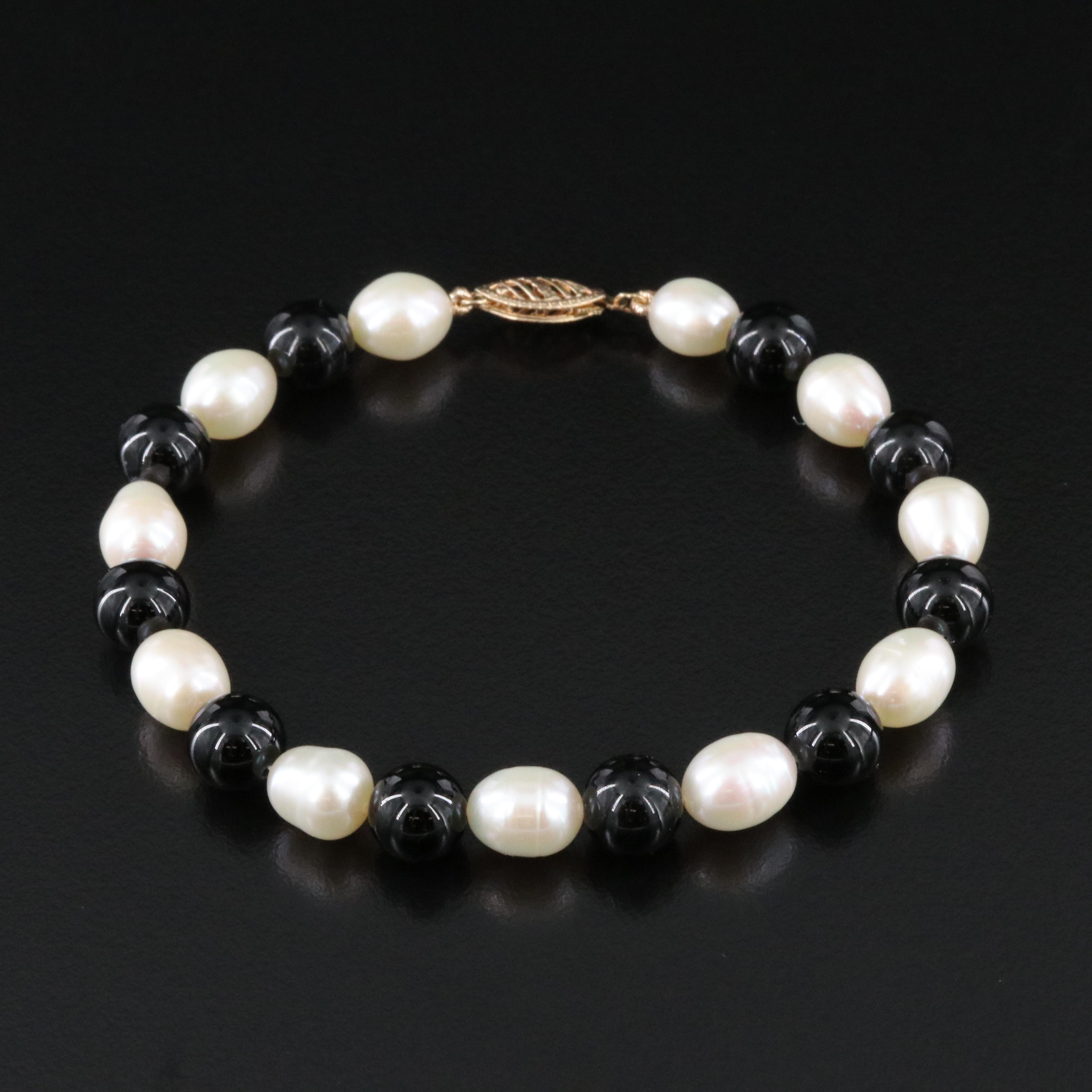 Black Onyx and Pearl Bracelet with 10K Clasp
