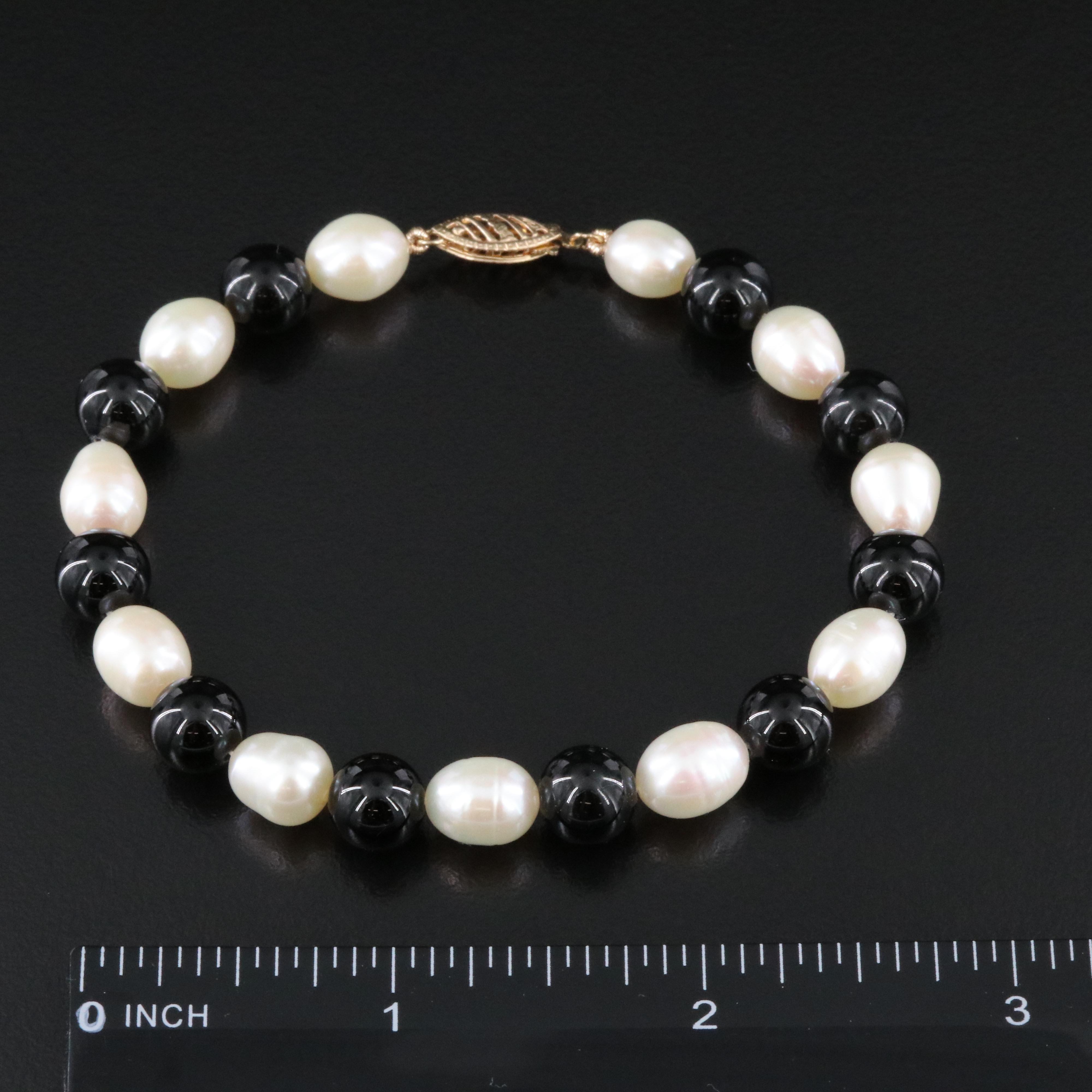Black Onyx and Pearl Bracelet with 10K Clasp
