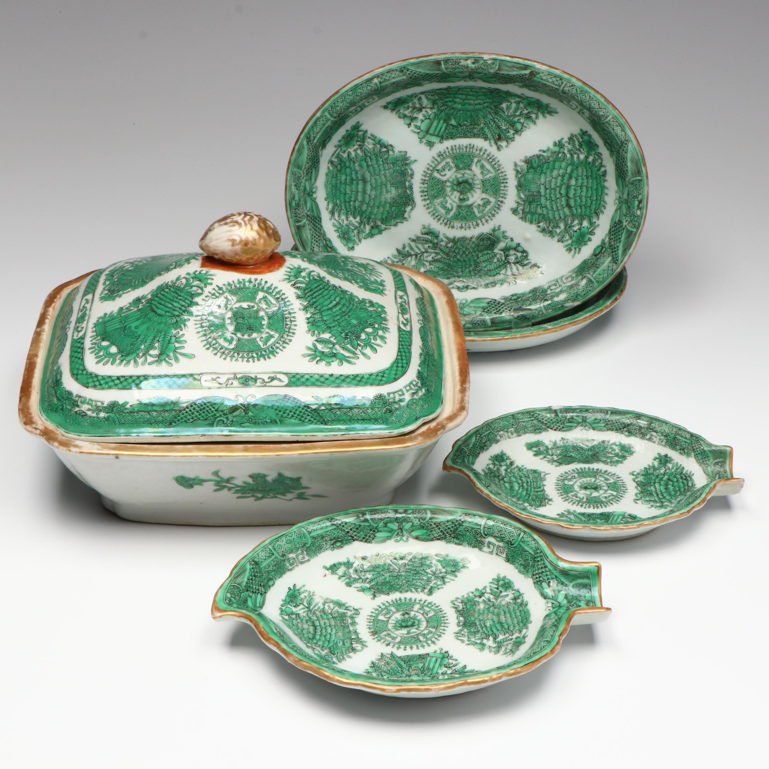 Antique Chinese Export "Fitzhugh Green" Porcelain Serveware, 19th Century