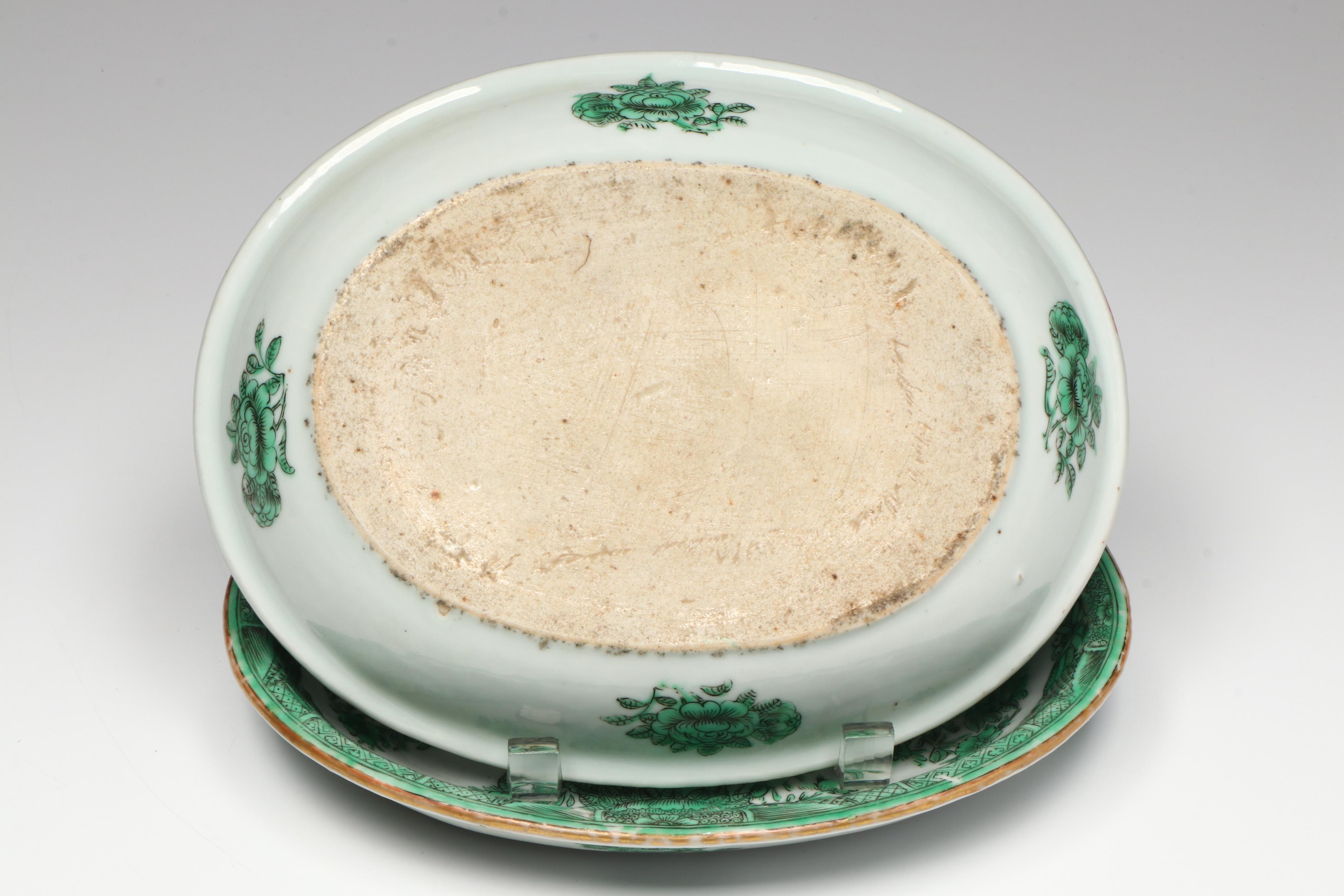 Antique Chinese Export "Fitzhugh Green" Porcelain Serveware, 19th Century