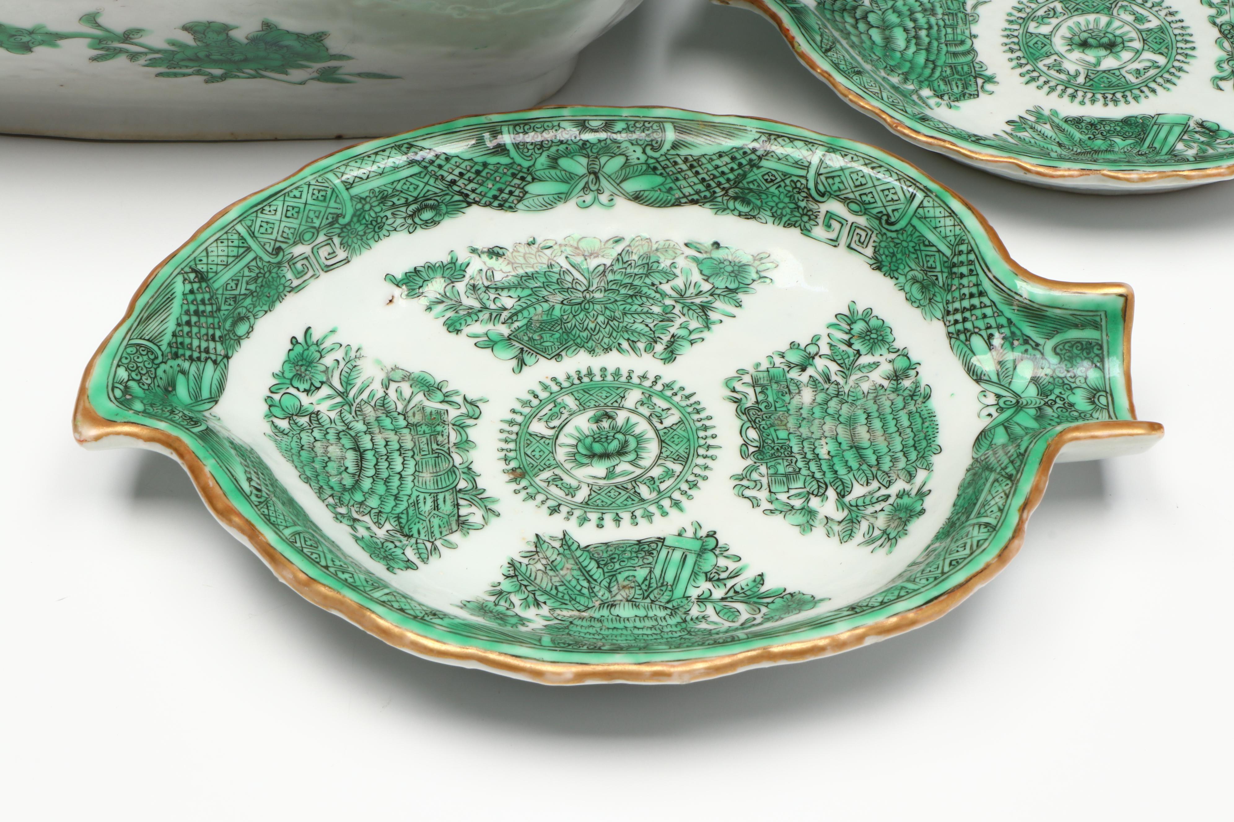 Antique Chinese Export "Fitzhugh Green" Porcelain Serveware, 19th Century