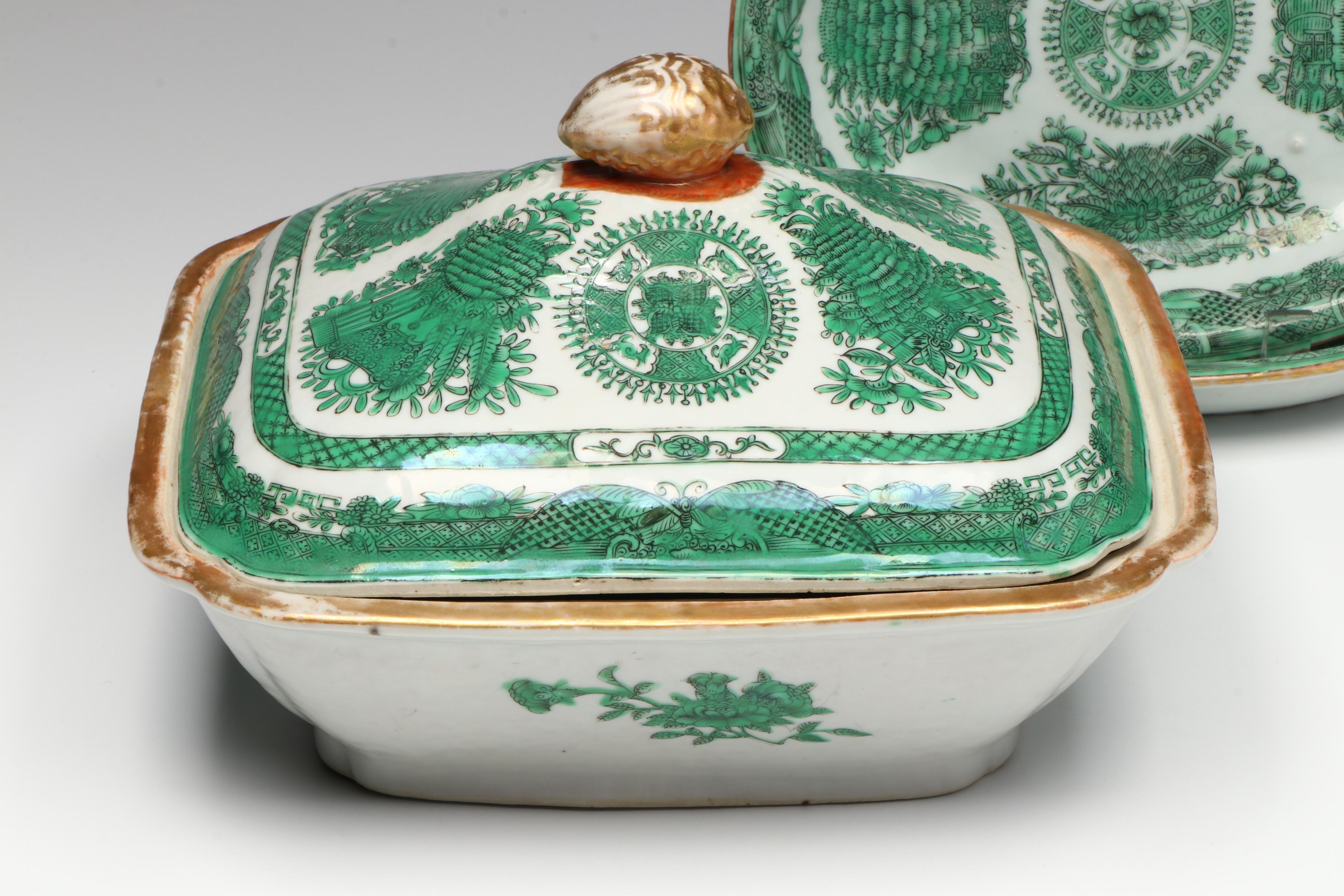 Antique Chinese Export "Fitzhugh Green" Porcelain Serveware, 19th Century