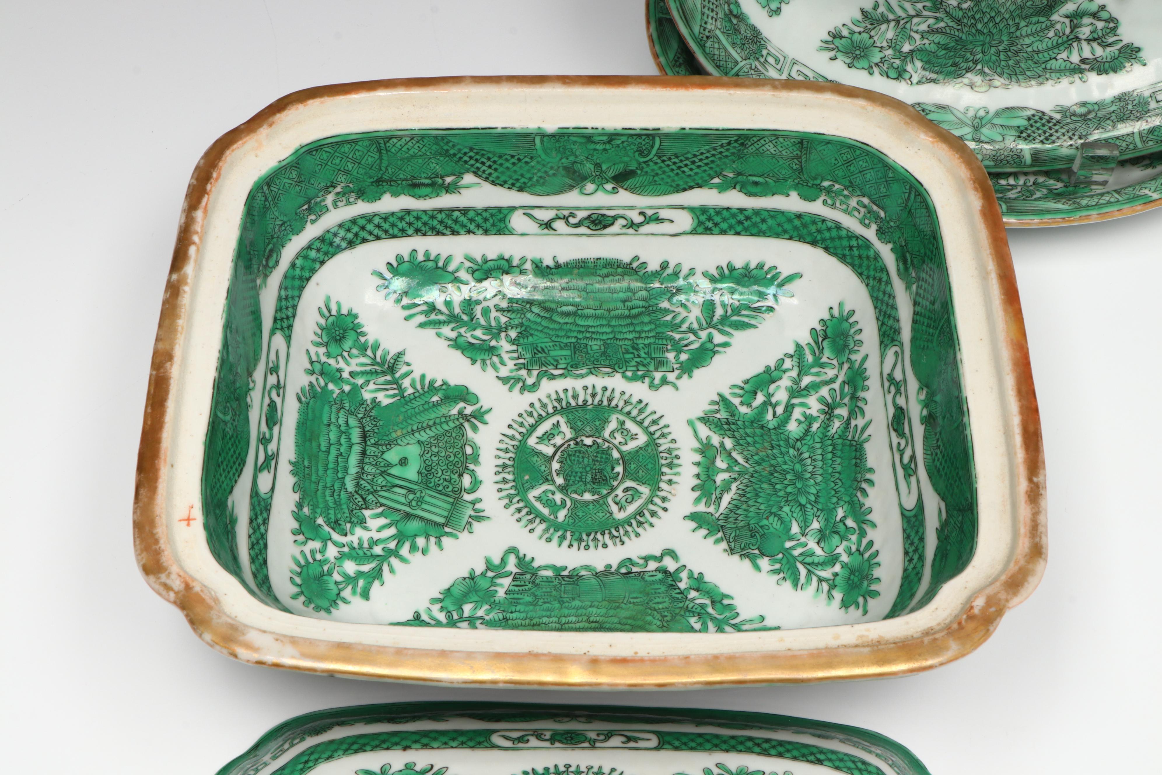 Antique Chinese Export "Fitzhugh Green" Porcelain Serveware, 19th Century