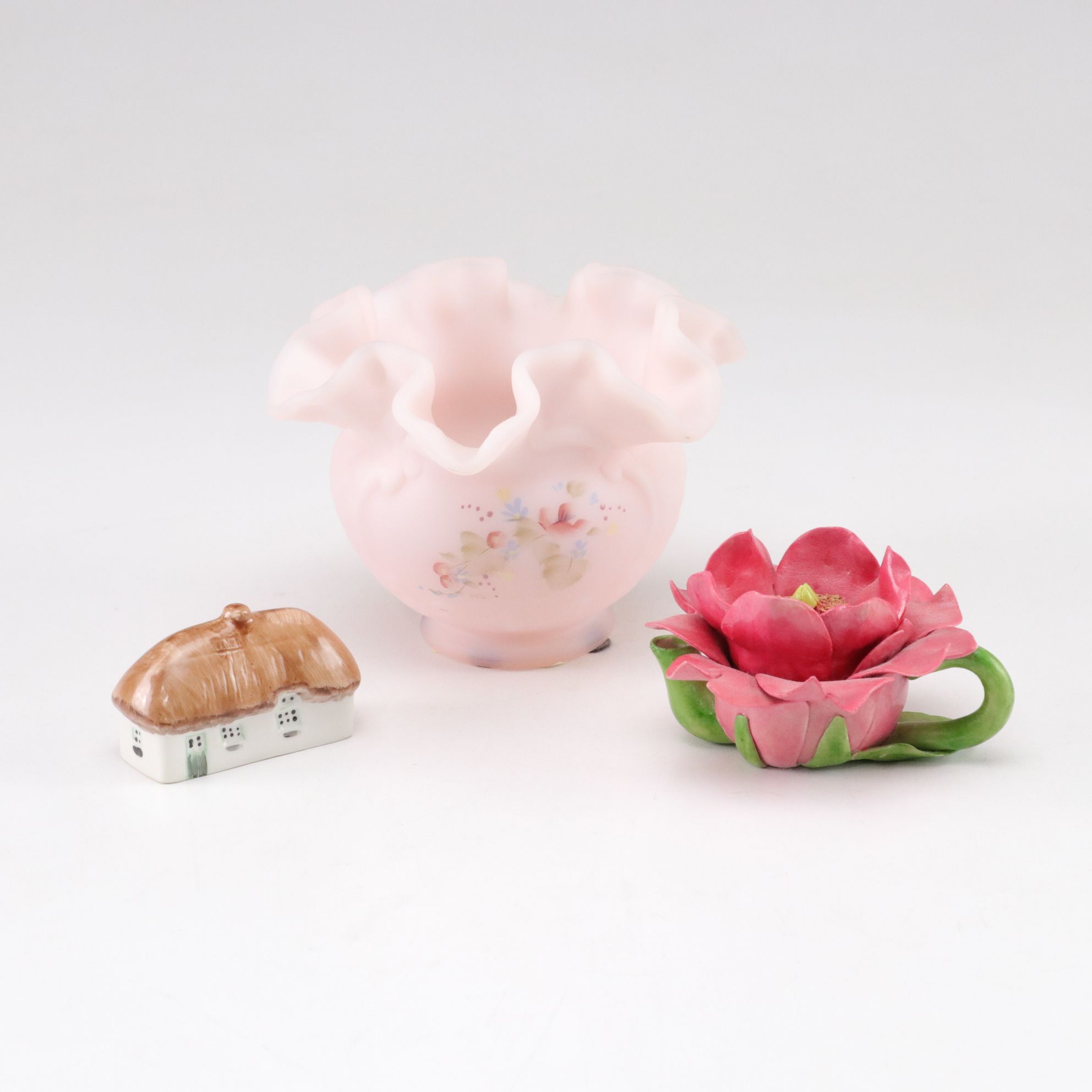 Fenton Pink Ruffle Glass Rose Bowl, Irish Dresden Cottage & Flower Teapot Box