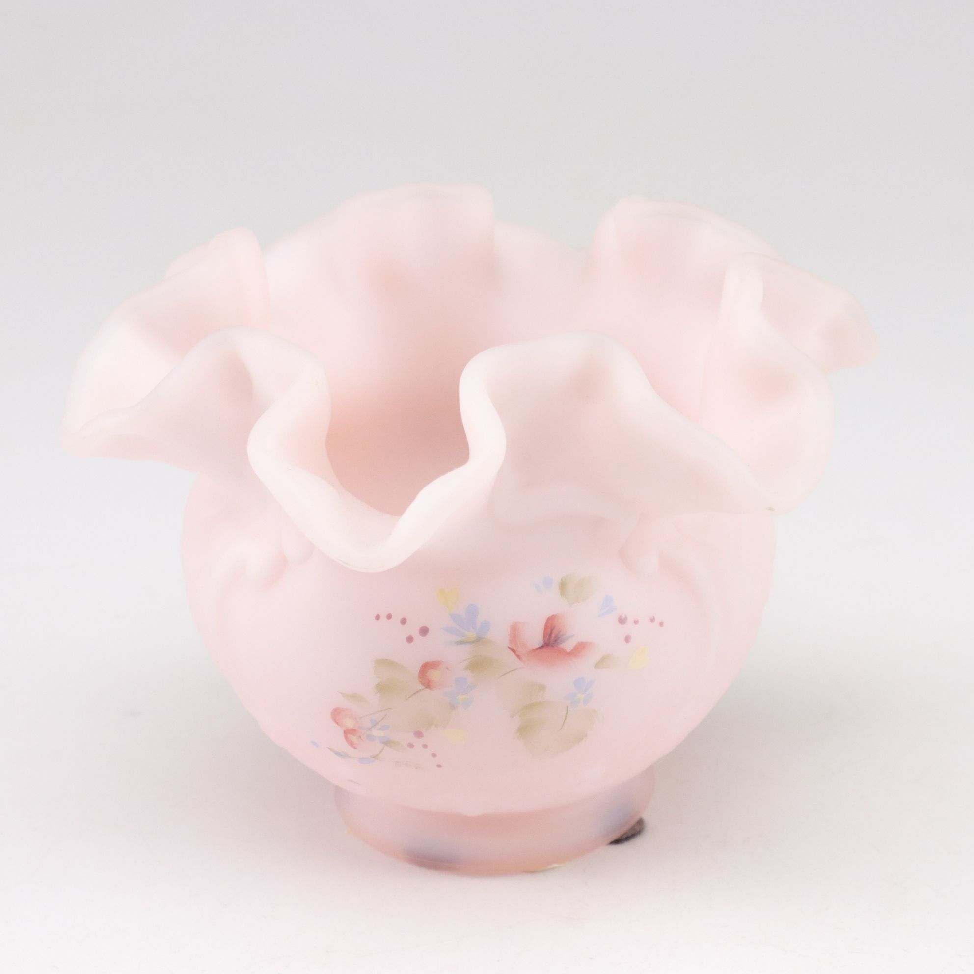 Fenton Pink Ruffle Glass Rose Bowl, Irish Dresden Cottage & Flower Teapot Box