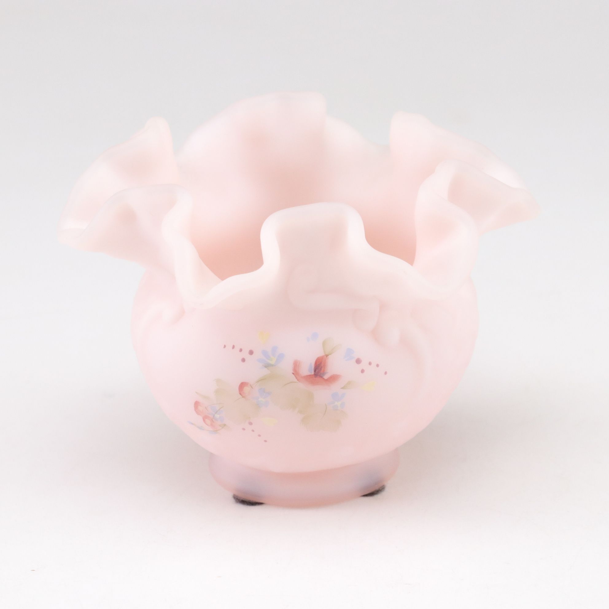 Fenton Pink Ruffle Glass Rose Bowl, Irish Dresden Cottage & Flower Teapot Box