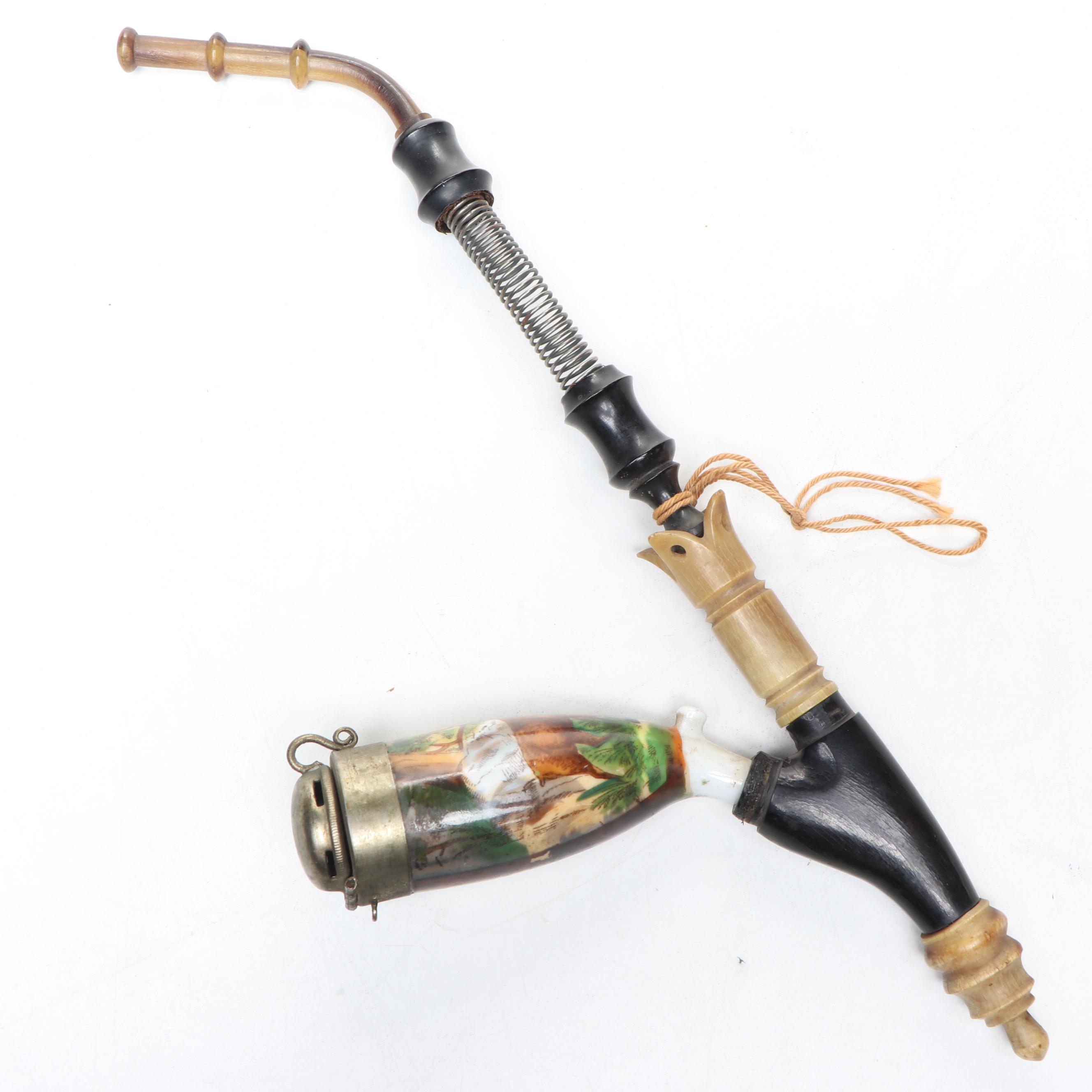 German Horn and Porcelain Tobacco Pipe