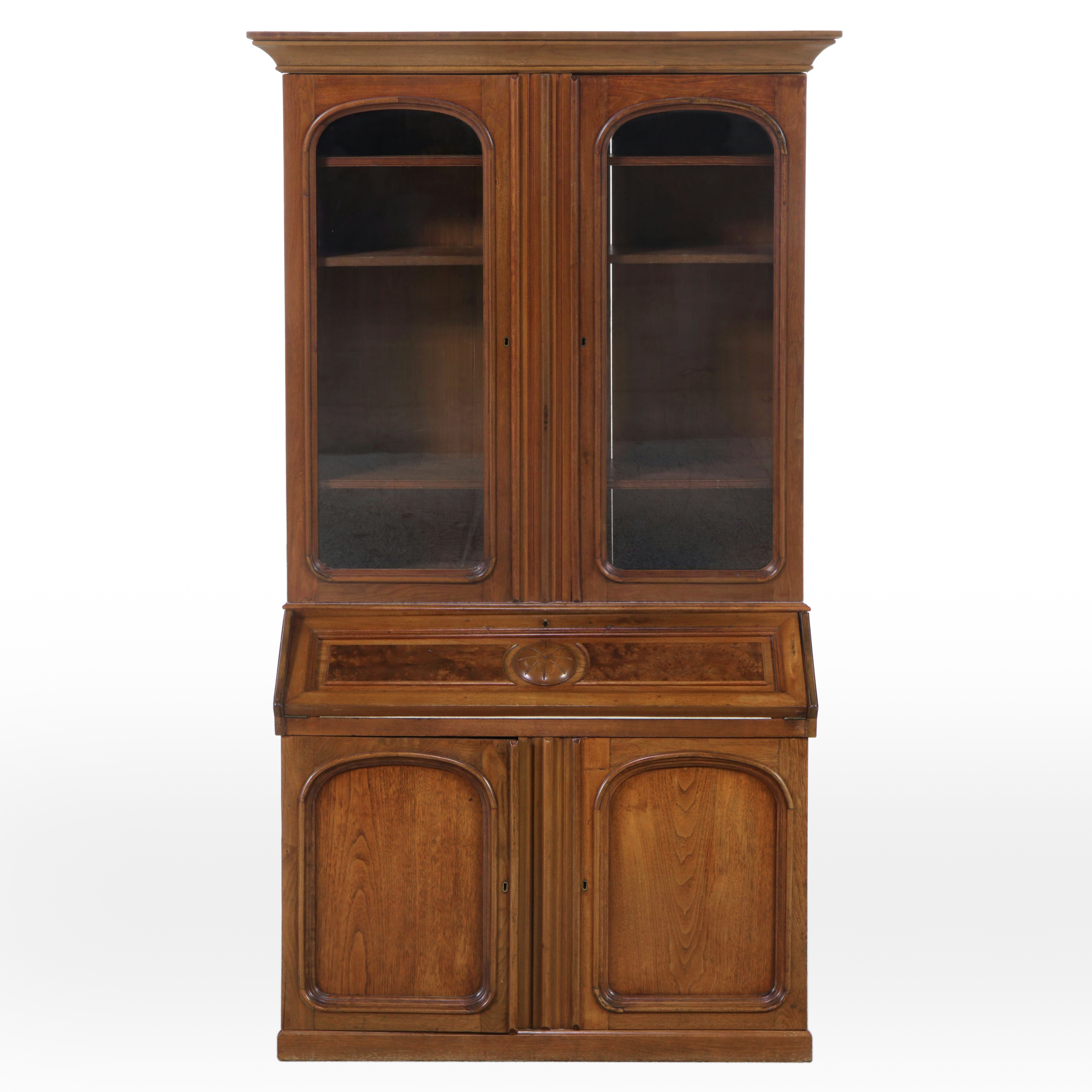 Large-Scale Victorian Walnut and Burl Walnut Secretary Bookcase, Circa 1870