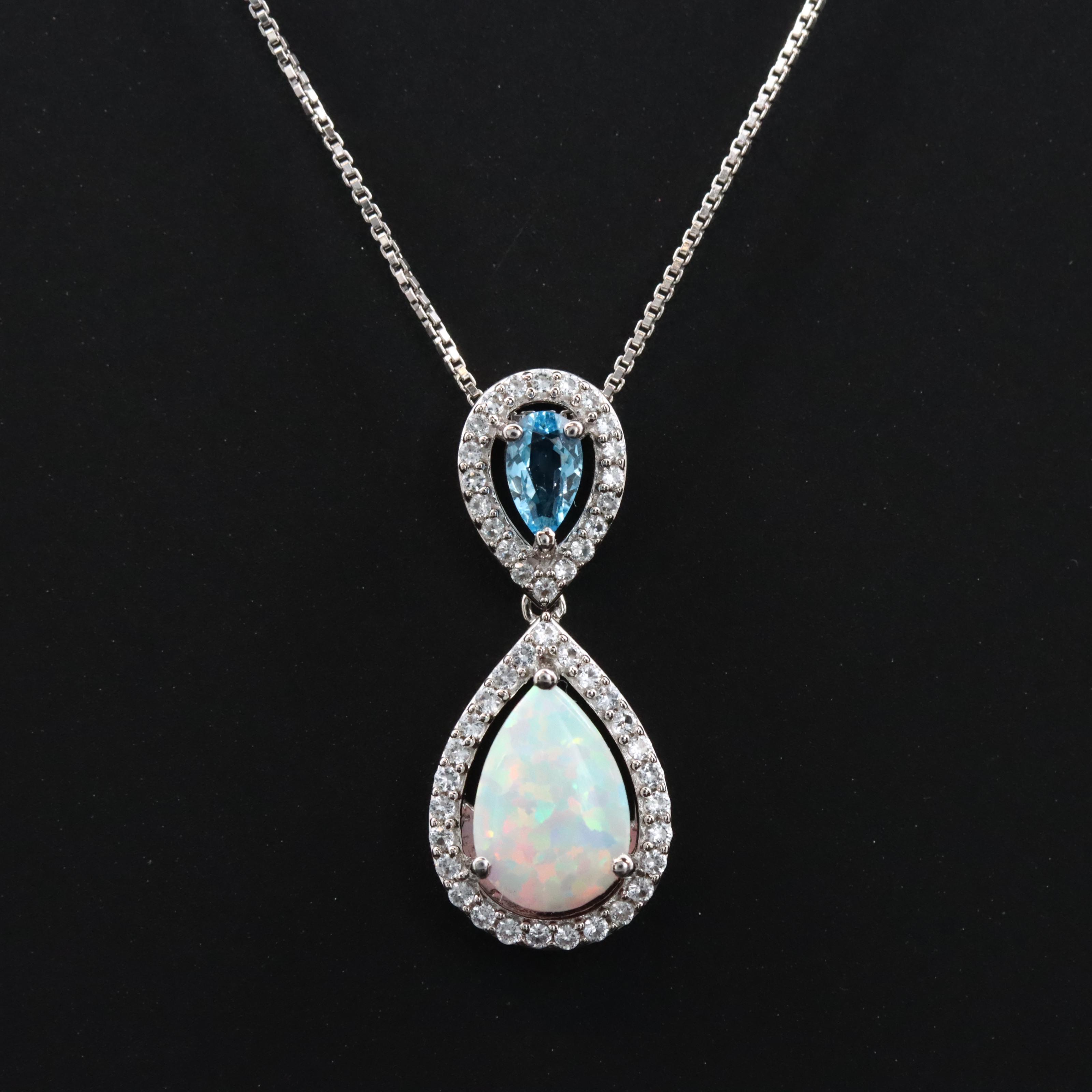 Sterling Opal, Topaz and White Sapphire Pendant Necklace