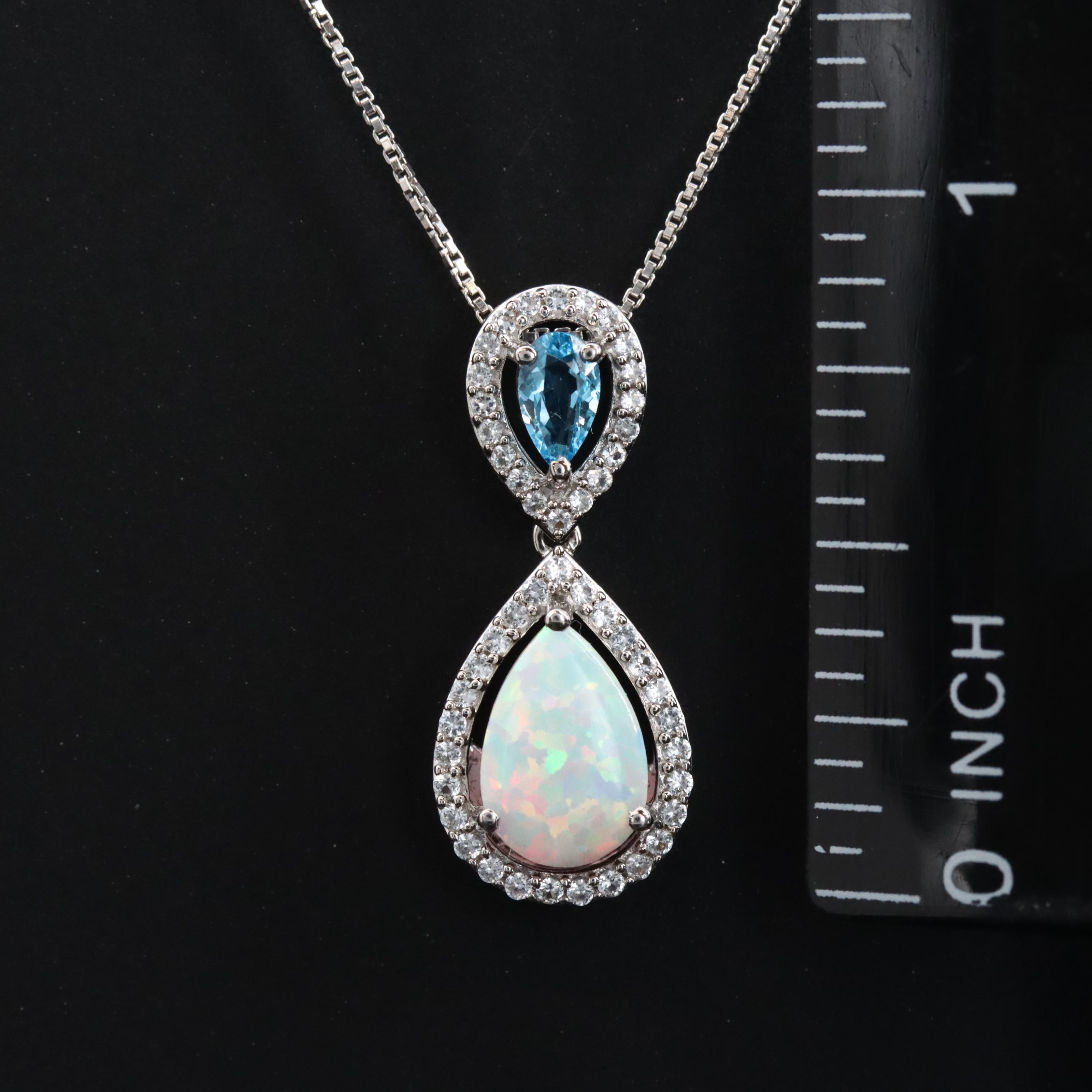 Sterling Opal, Topaz and White Sapphire Pendant Necklace
