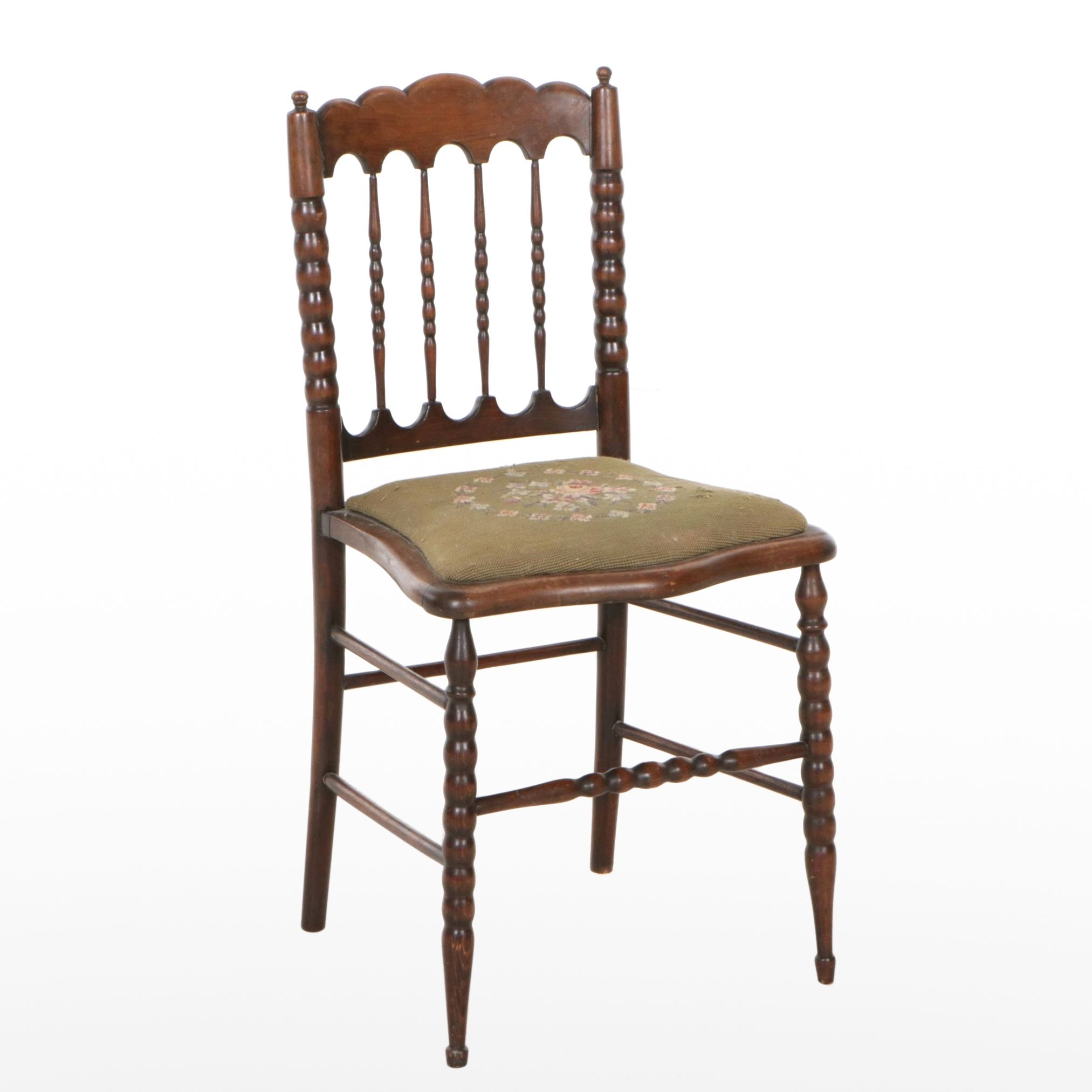 Spindle Back Wooden Side Chair with Needlepoint Seat