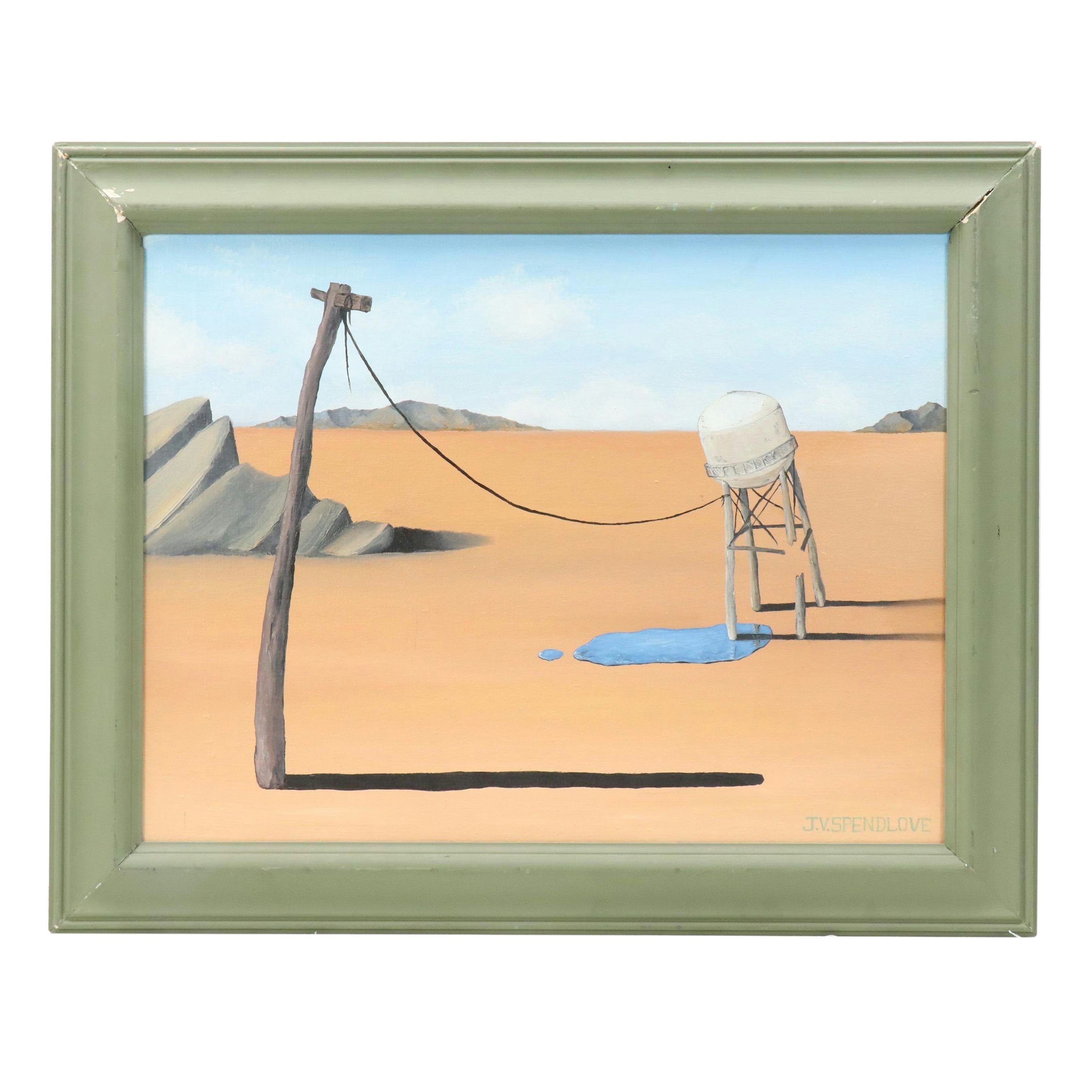 J. V. Spendlove Surrealist Style Desert Landscape Oil Painting, Circa 2001