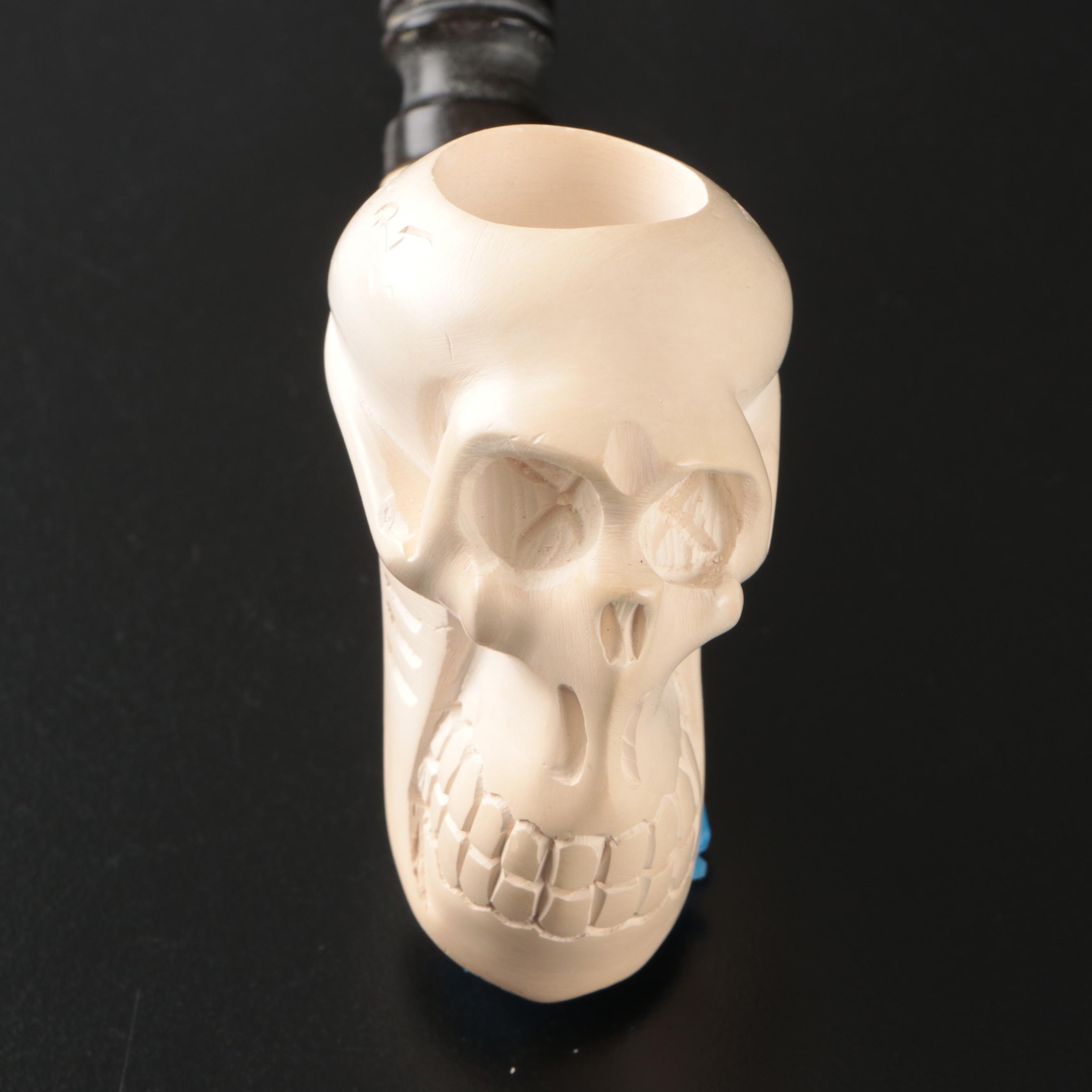 Carved Skull Meerschaum Tobacco Pipe with Other Austrian Pipes, 20th C.