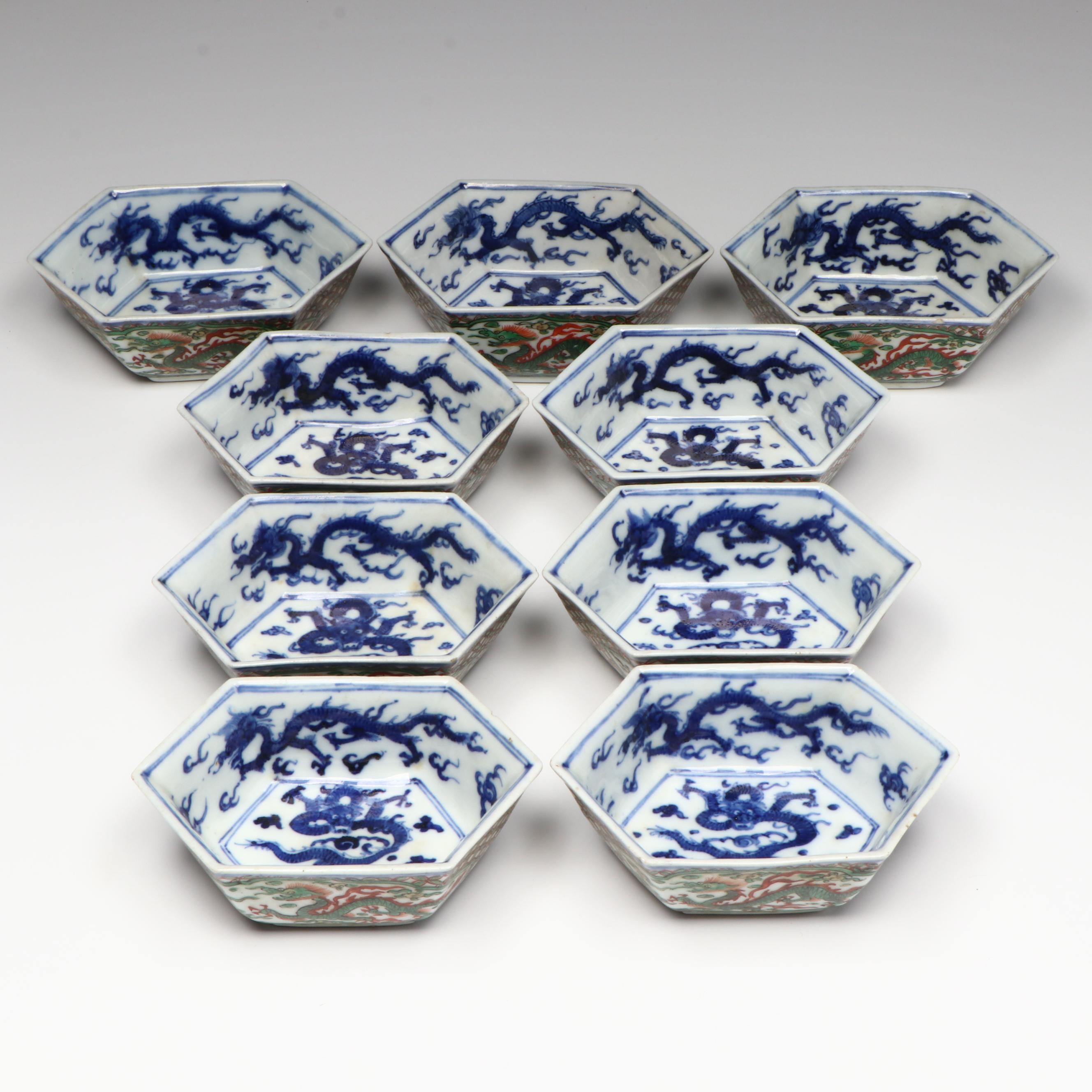 Antique Chinese Porcelain Hexagonal Dragon Dishes, 17th/18th Century