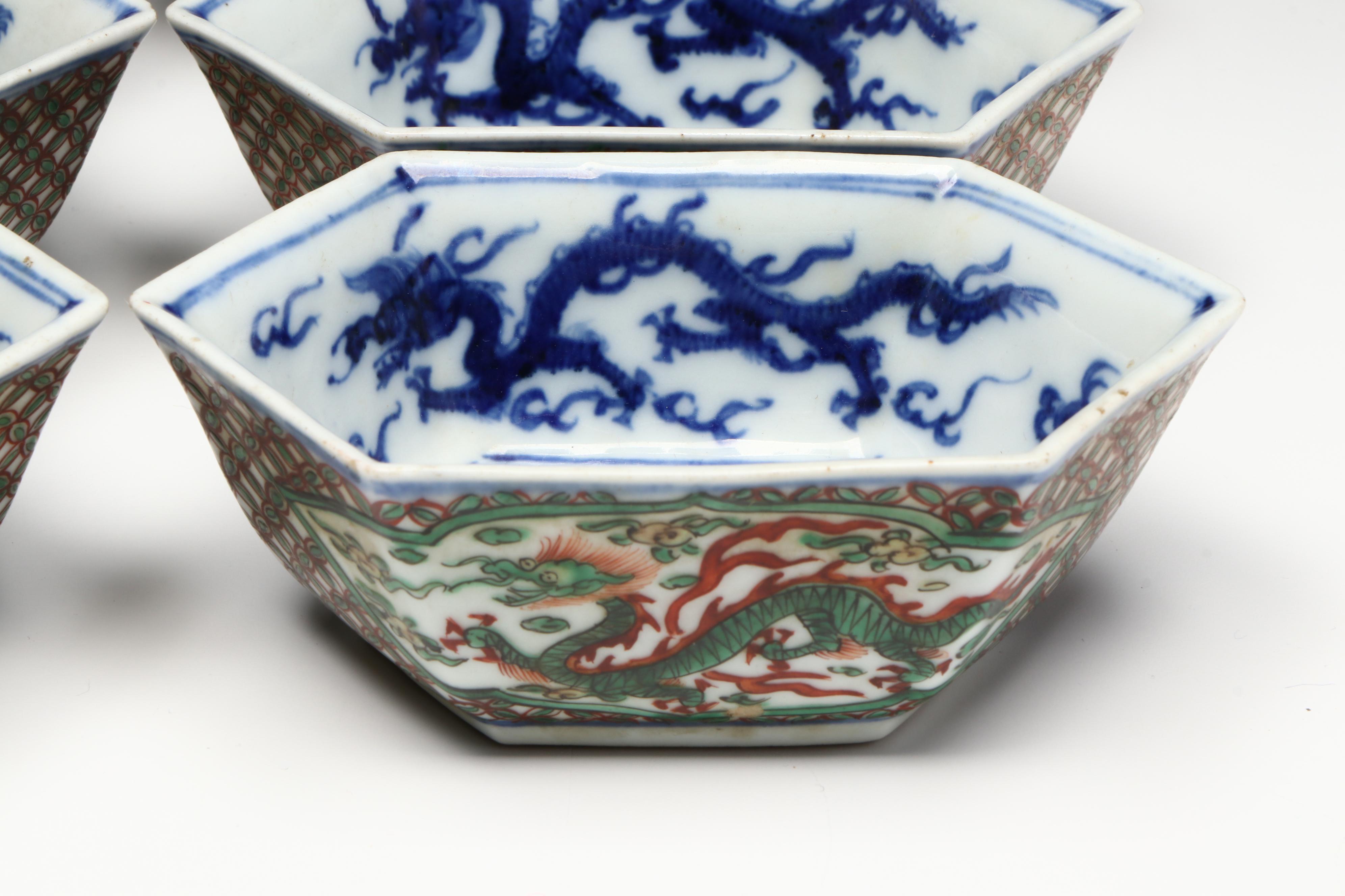 Antique Chinese Porcelain Hexagonal Dragon Dishes, 17th/18th Century