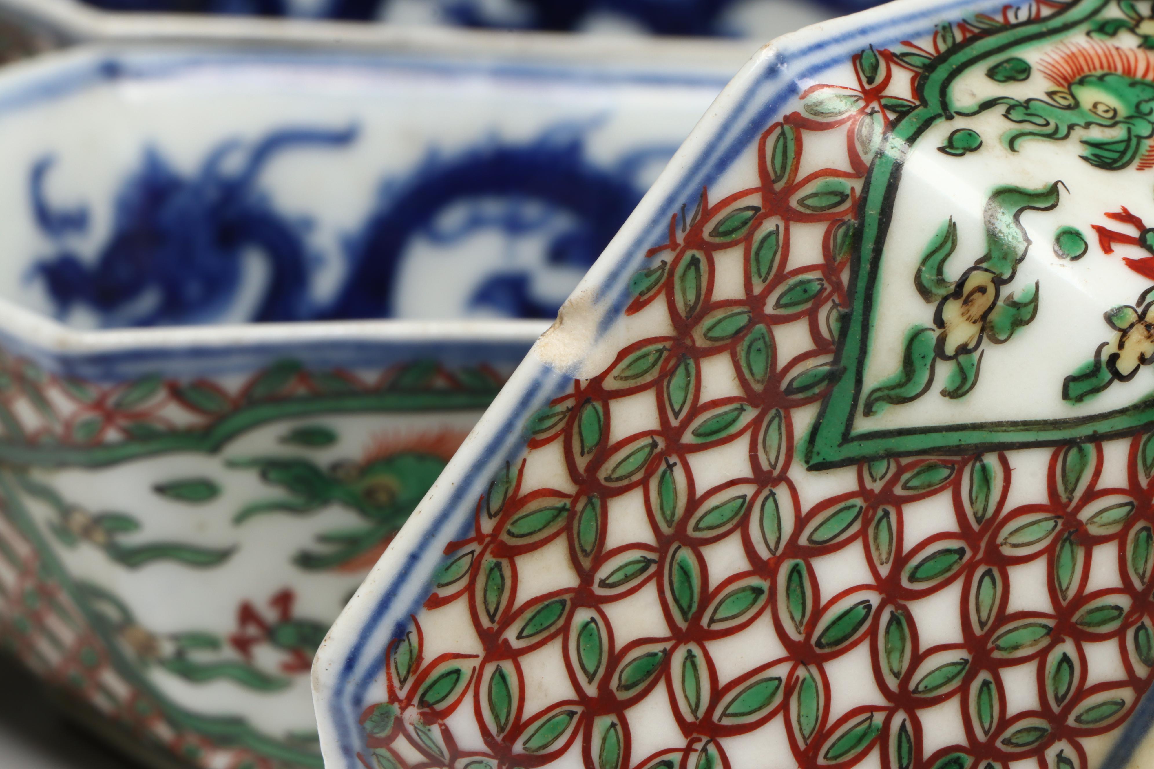 Antique Chinese Porcelain Hexagonal Dragon Dishes, 17th/18th Century