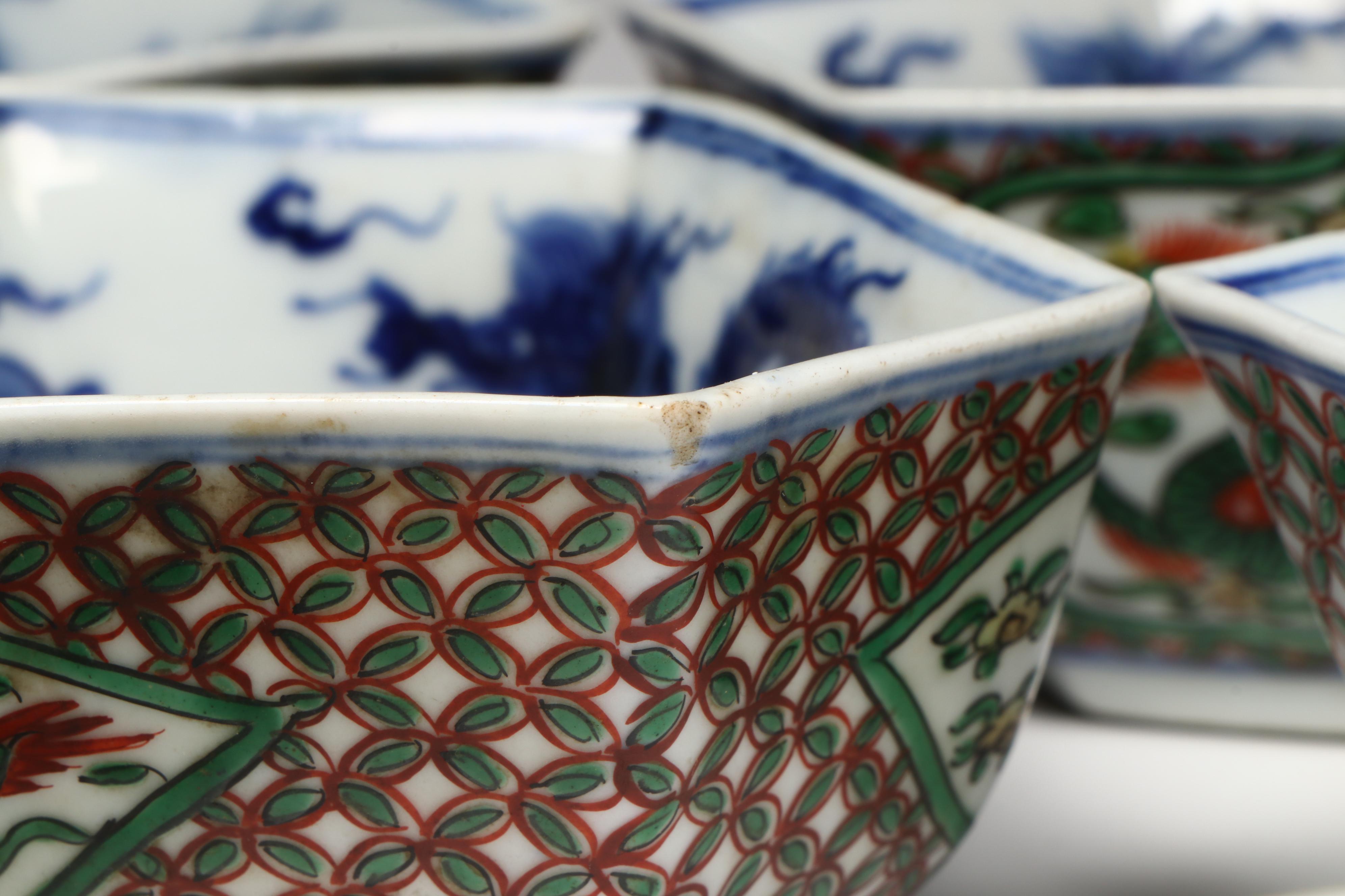 Antique Chinese Porcelain Hexagonal Dragon Dishes, 17th/18th Century