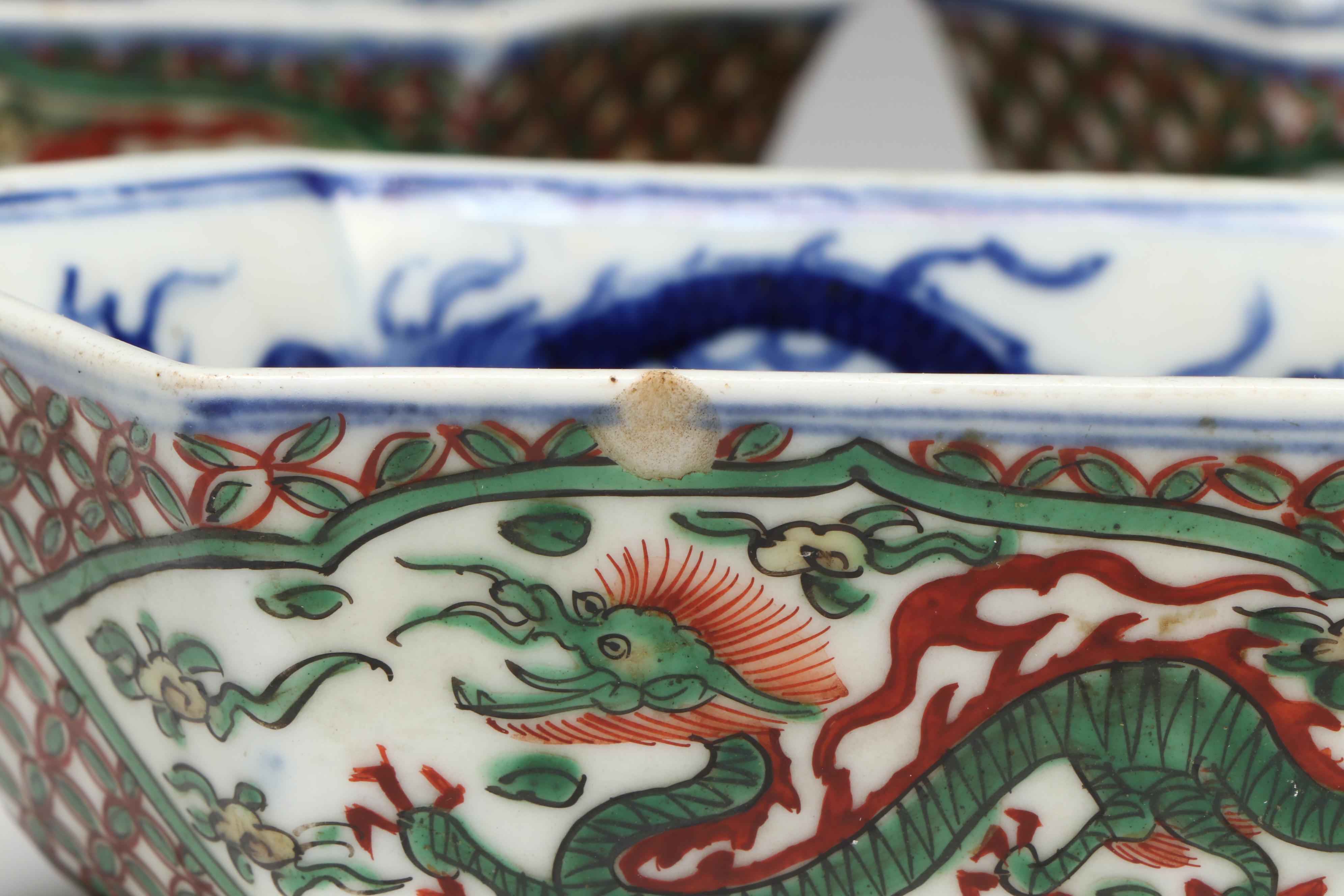 Antique Chinese Porcelain Hexagonal Dragon Dishes, 17th/18th Century