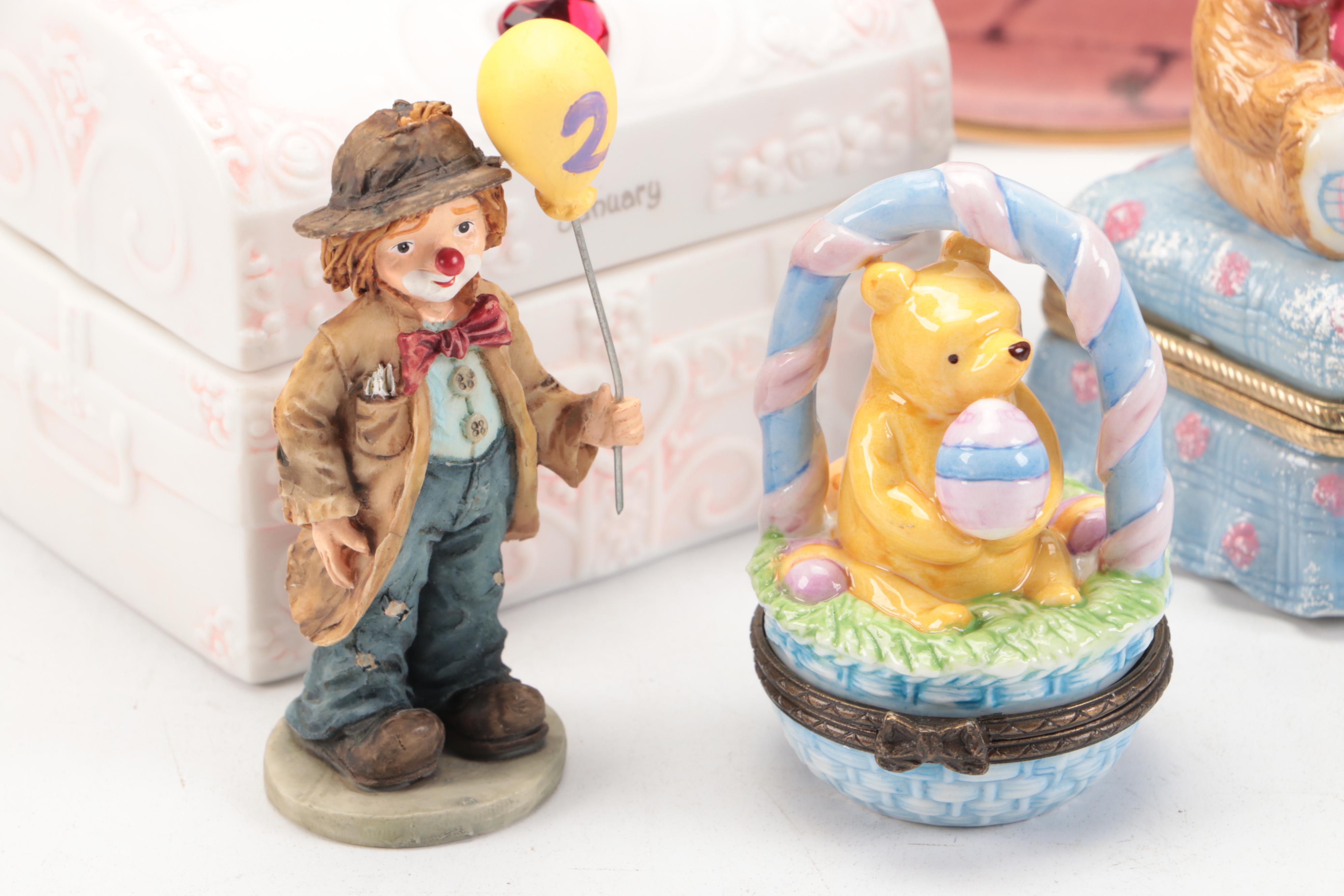 Hummel "Playmates" Plate with Porcelain and Ceramic Baby Boxes and Figures