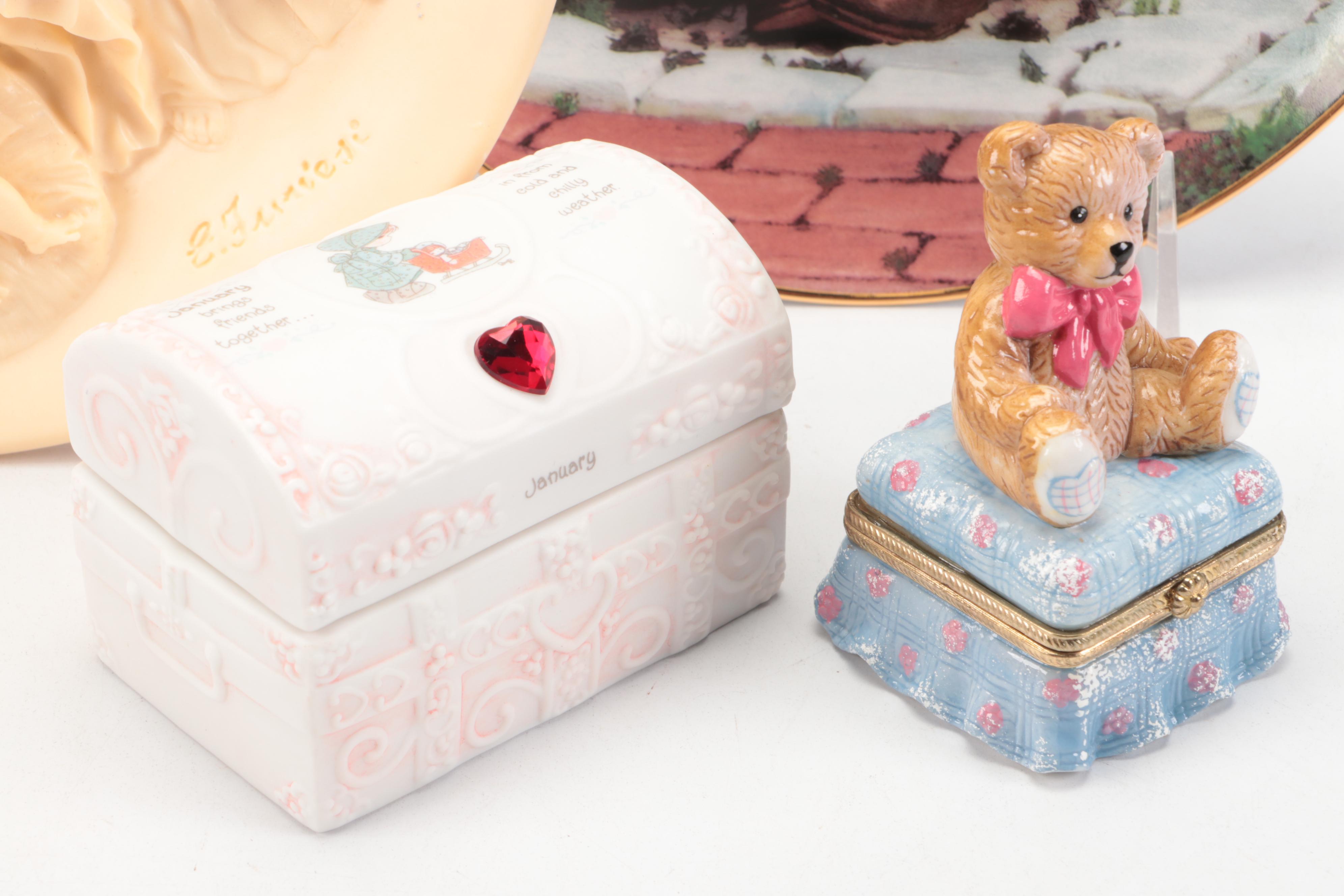 Hummel "Playmates" Plate with Porcelain and Ceramic Baby Boxes and Figures