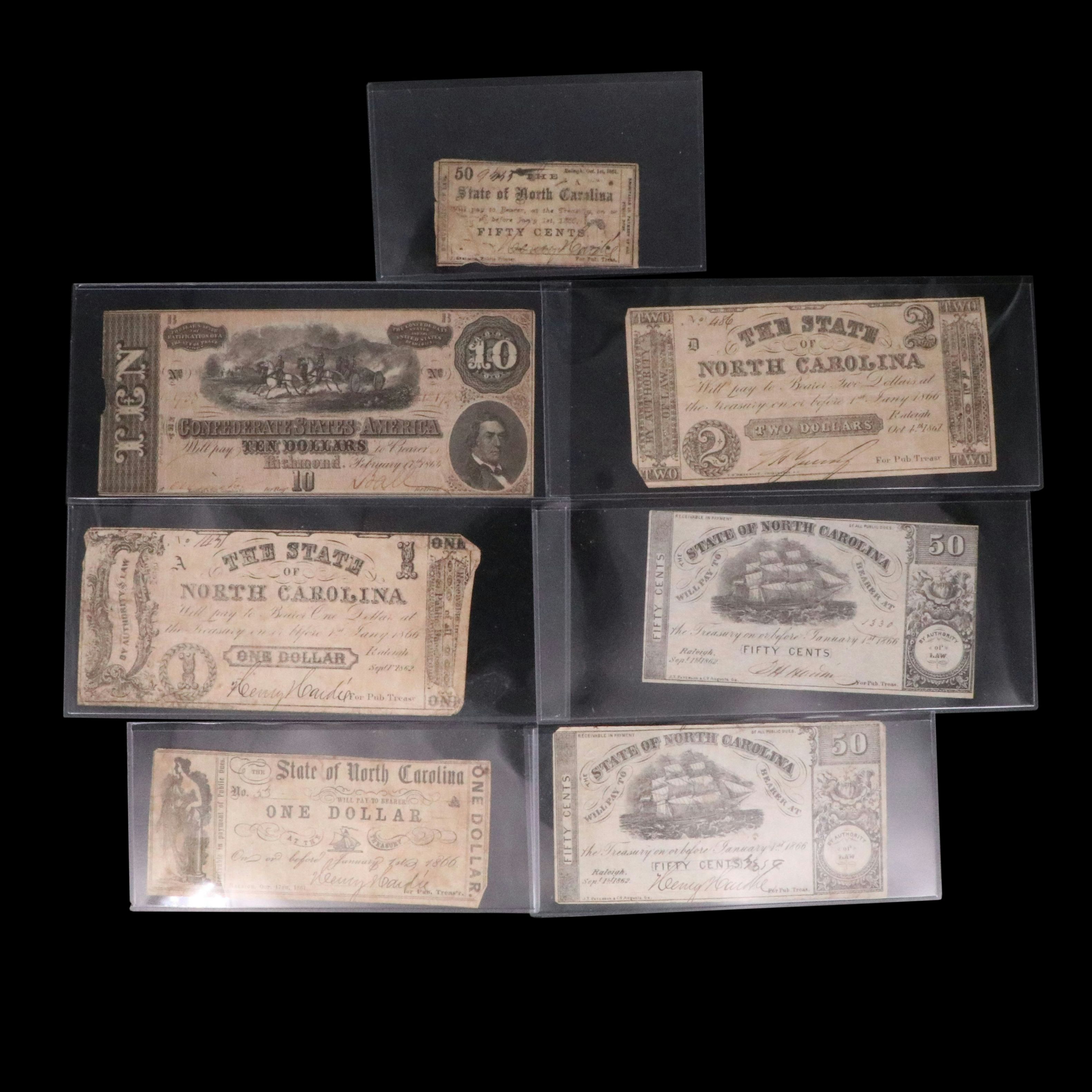 Collection of Seven Obsolete Bank Notes from the Civil War Era