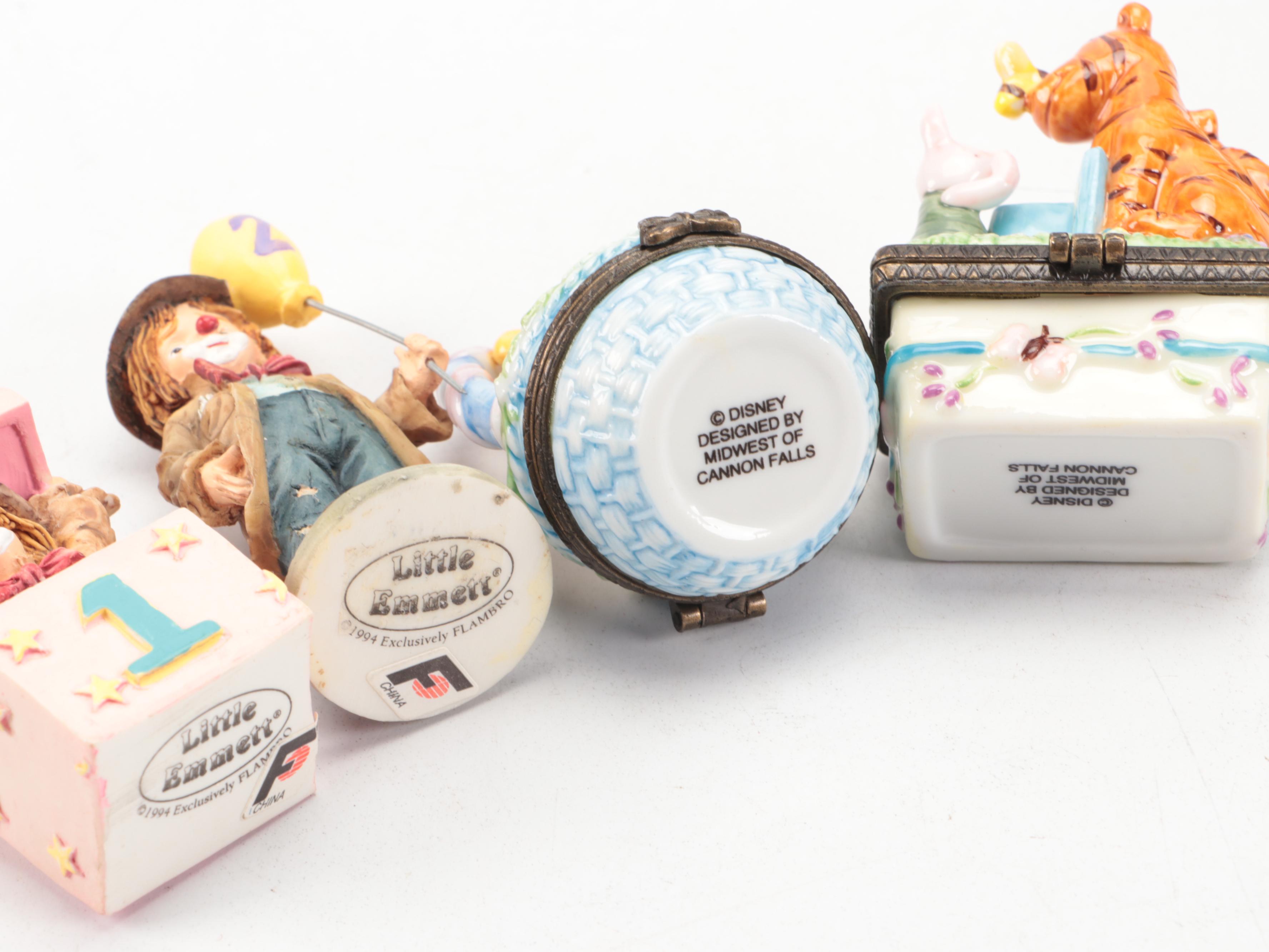 Hummel "Playmates" Plate with Porcelain and Ceramic Baby Boxes and Figures