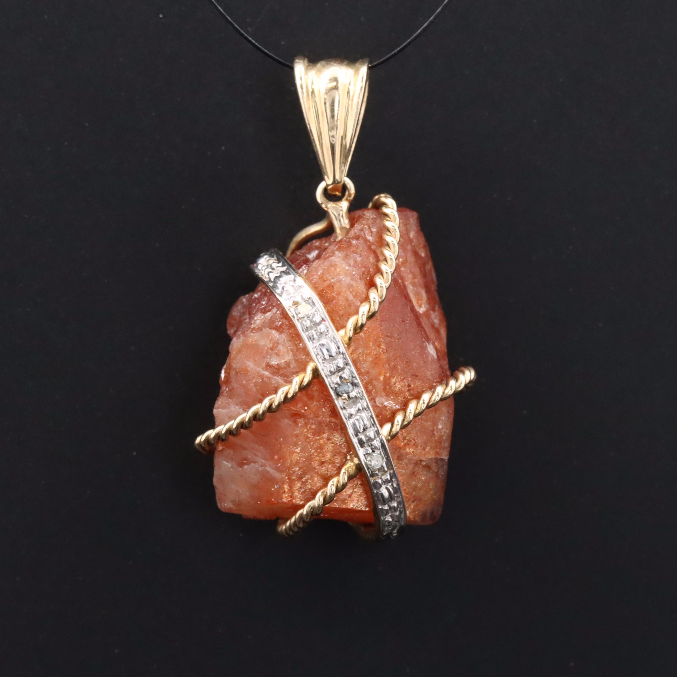 14K Wire Wrapped Sunstone and Diamond Pendant
