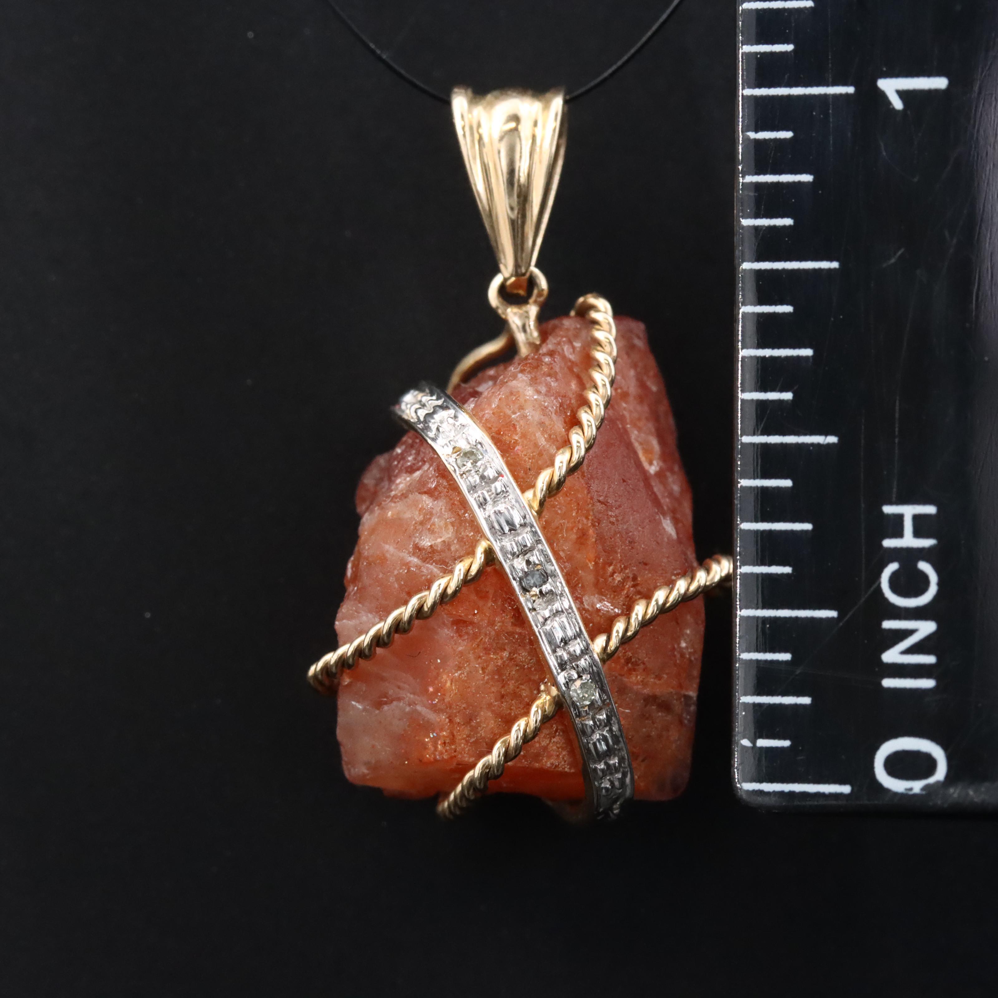 14K Wire Wrapped Sunstone and Diamond Pendant