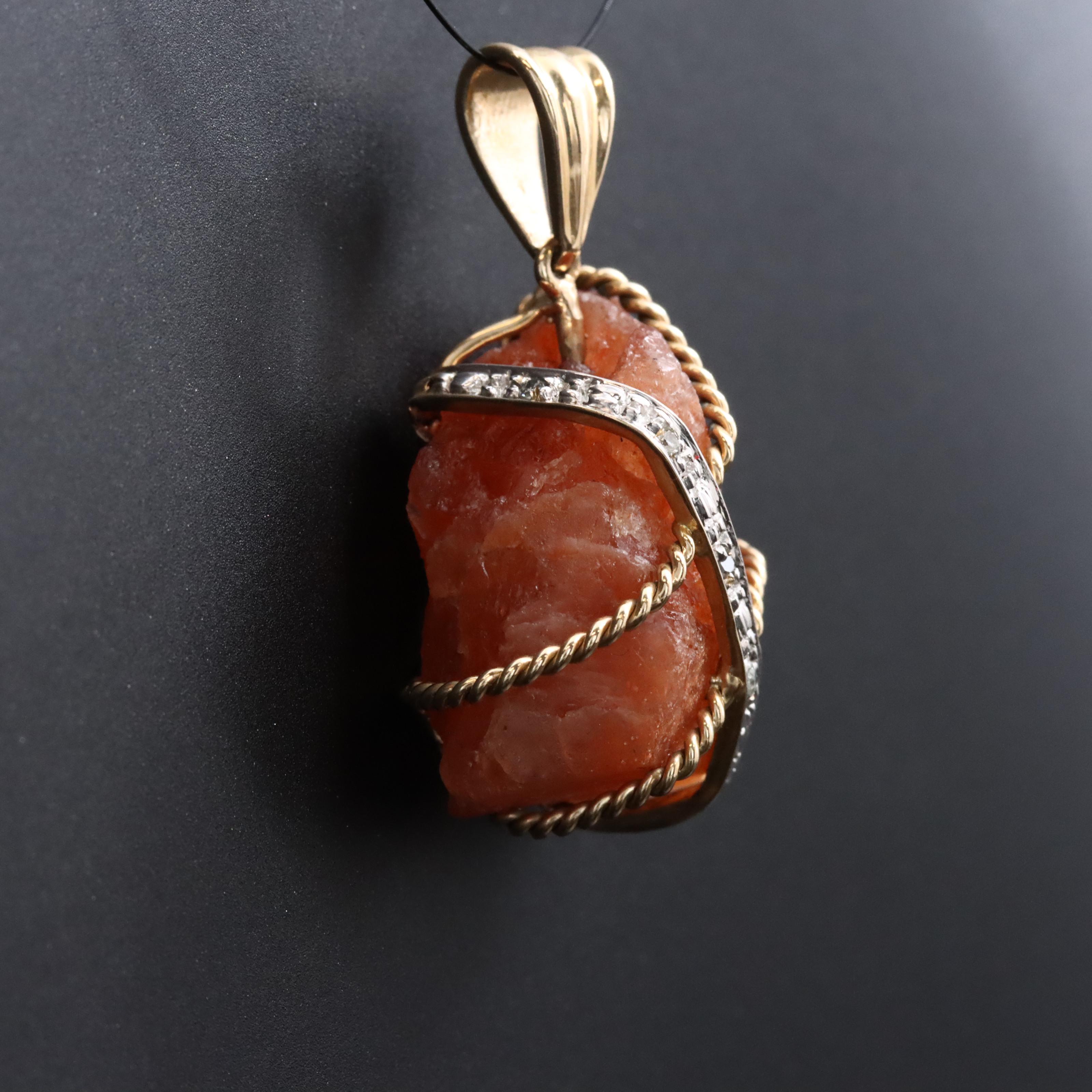 14K Wire Wrapped Sunstone and Diamond Pendant