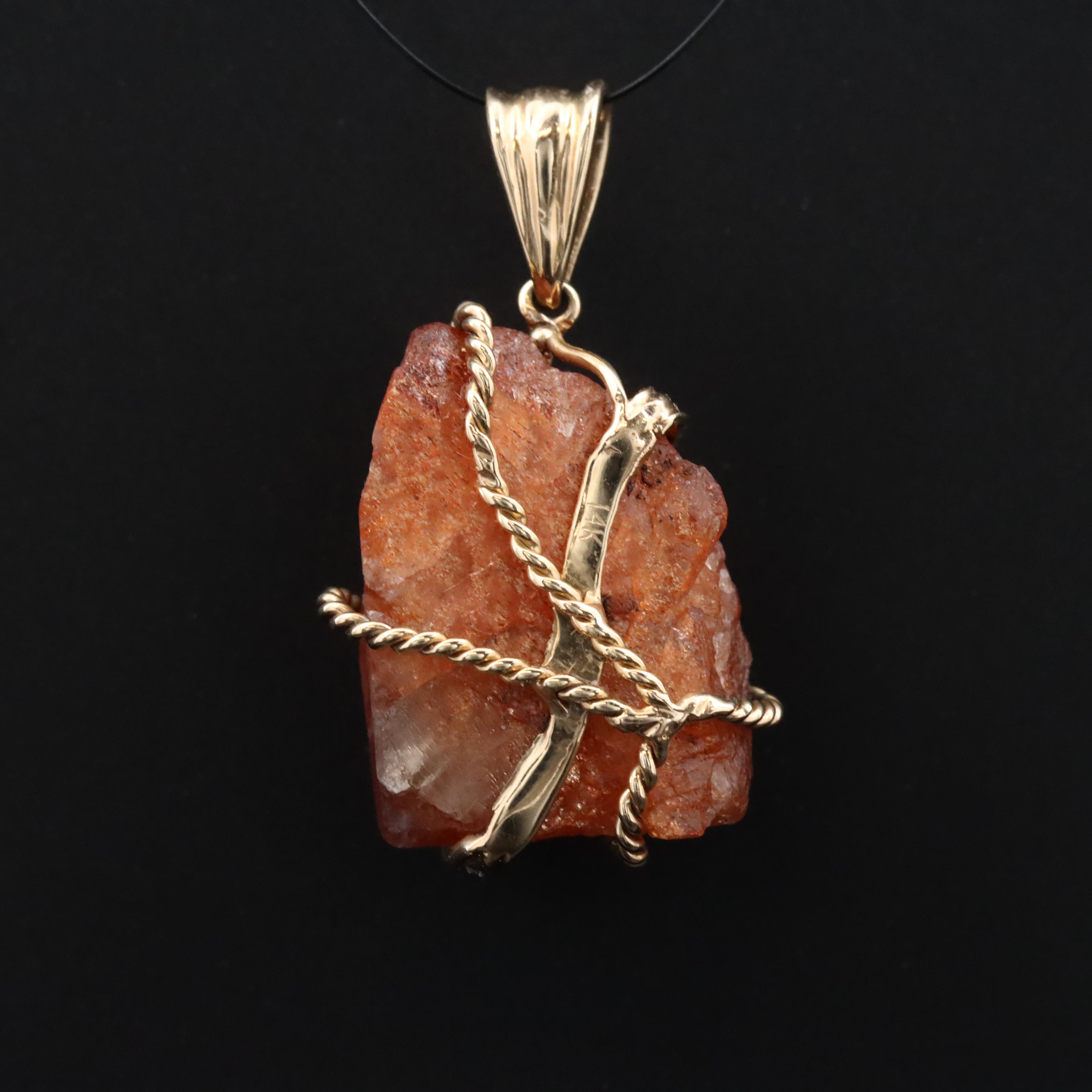 14K Wire Wrapped Sunstone and Diamond Pendant