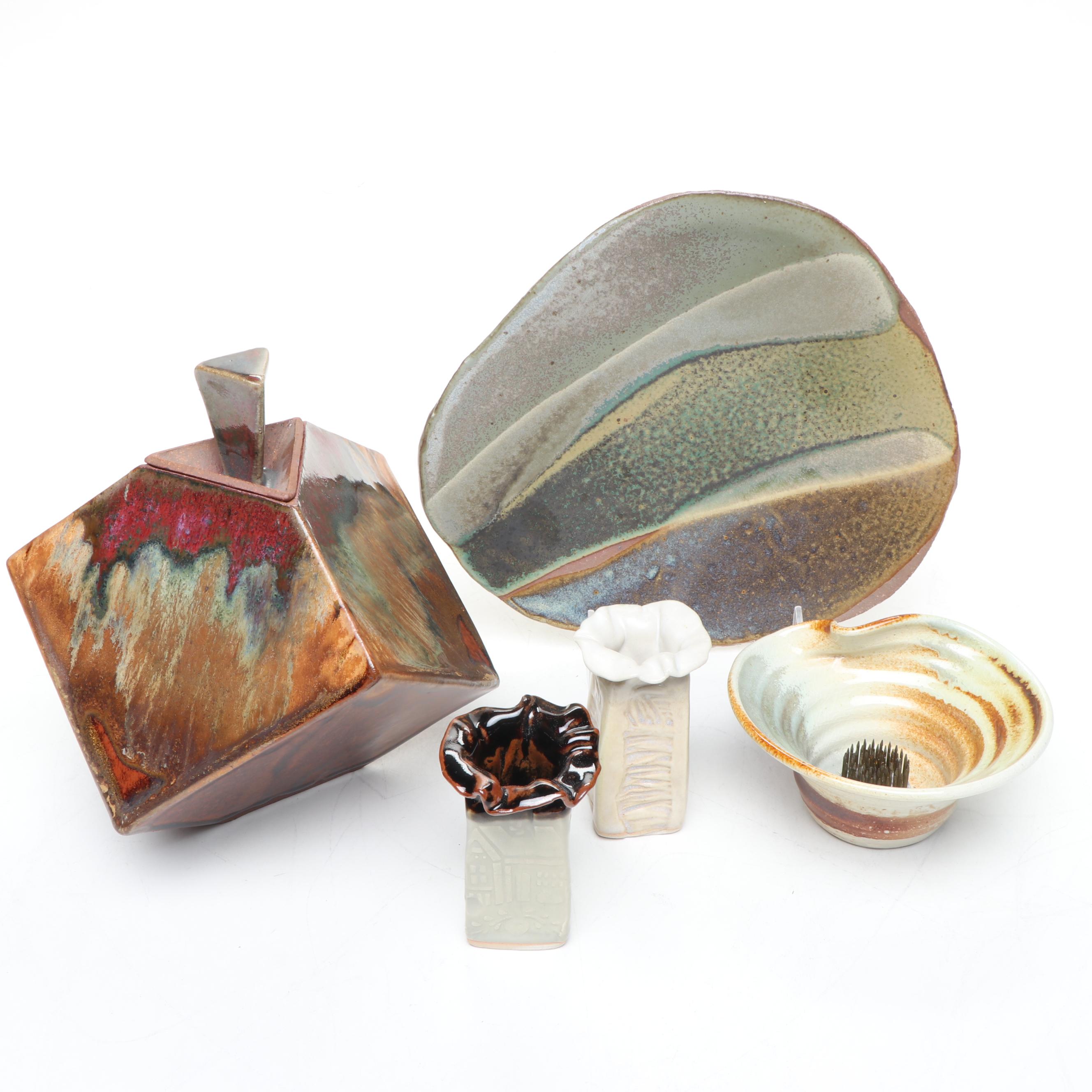 Art Pottery Flower Frog, Plate, Barbara Haring Bud Vases, & Flambe Lidded Box