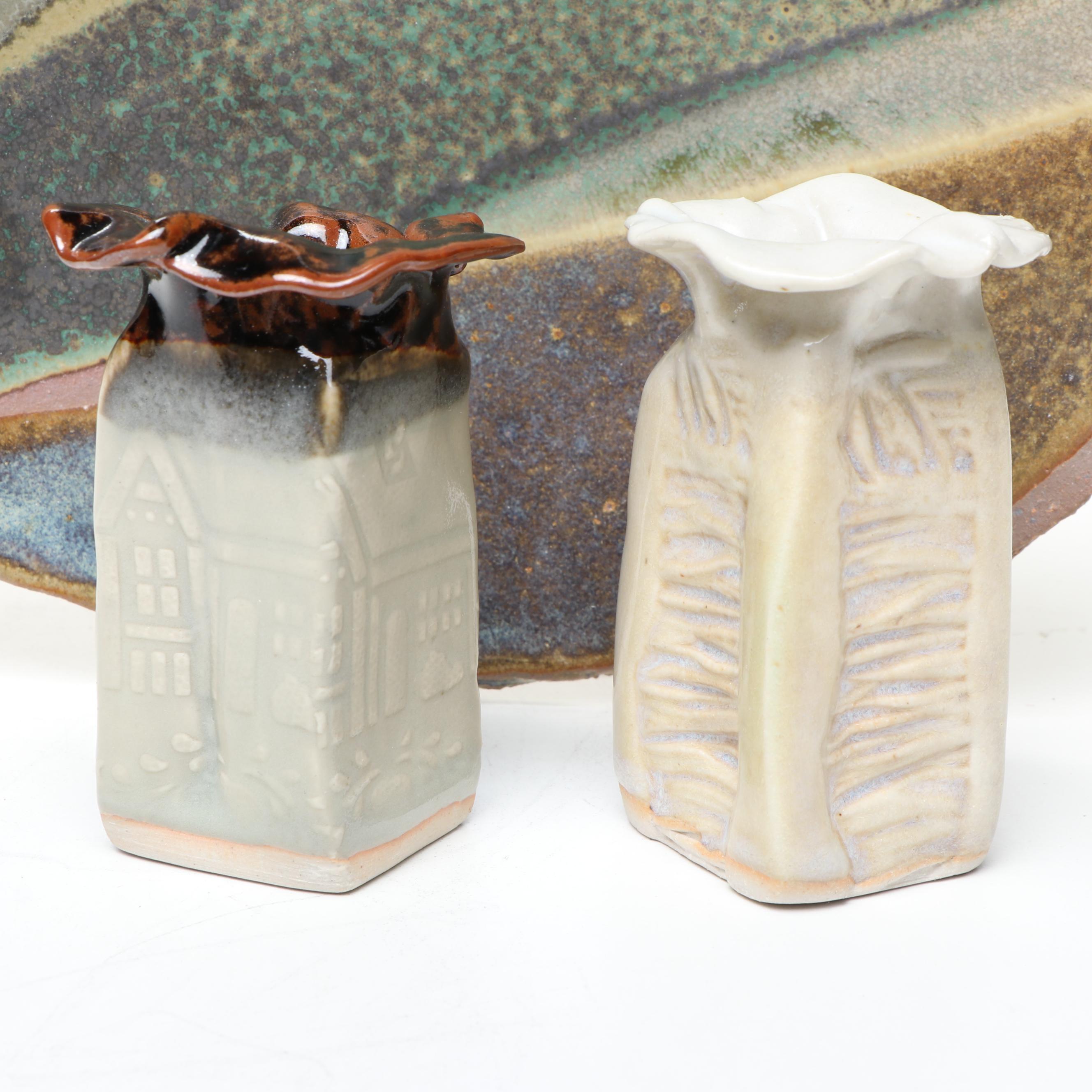 Art Pottery Flower Frog, Plate, Barbara Haring Bud Vases, & Flambe Lidded Box