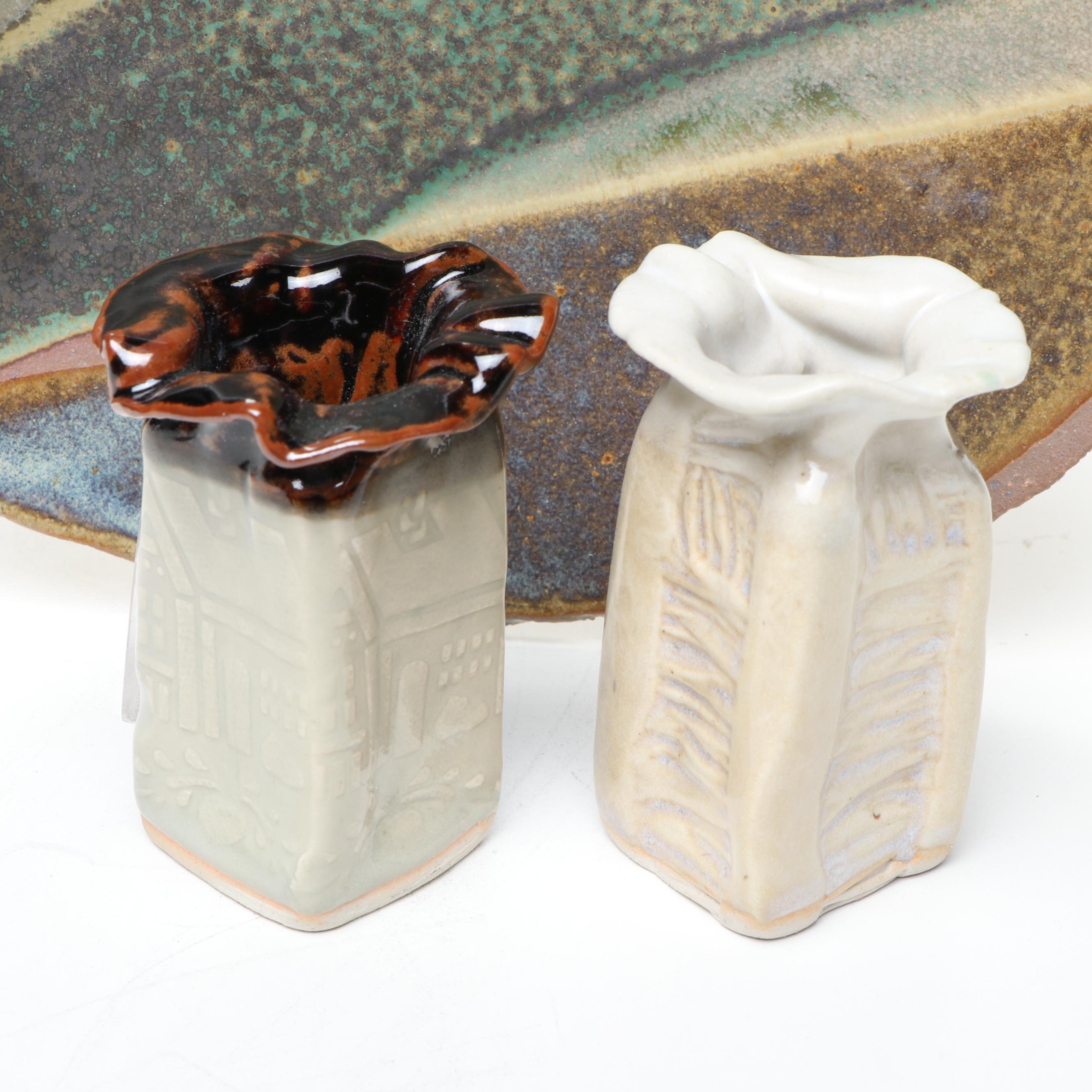 Art Pottery Flower Frog, Plate, Barbara Haring Bud Vases, & Flambe Lidded Box