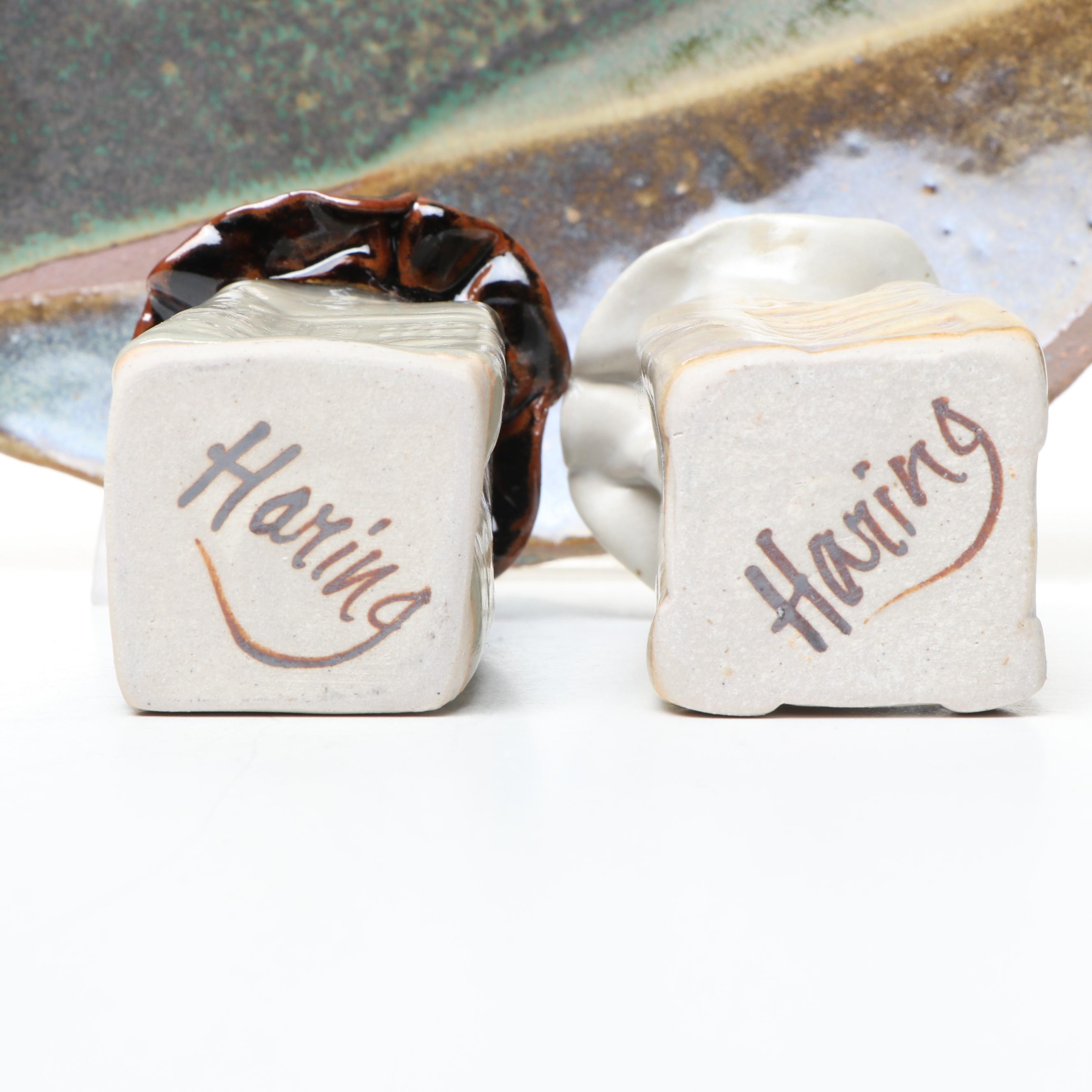 Art Pottery Flower Frog, Plate, Barbara Haring Bud Vases, & Flambe Lidded Box