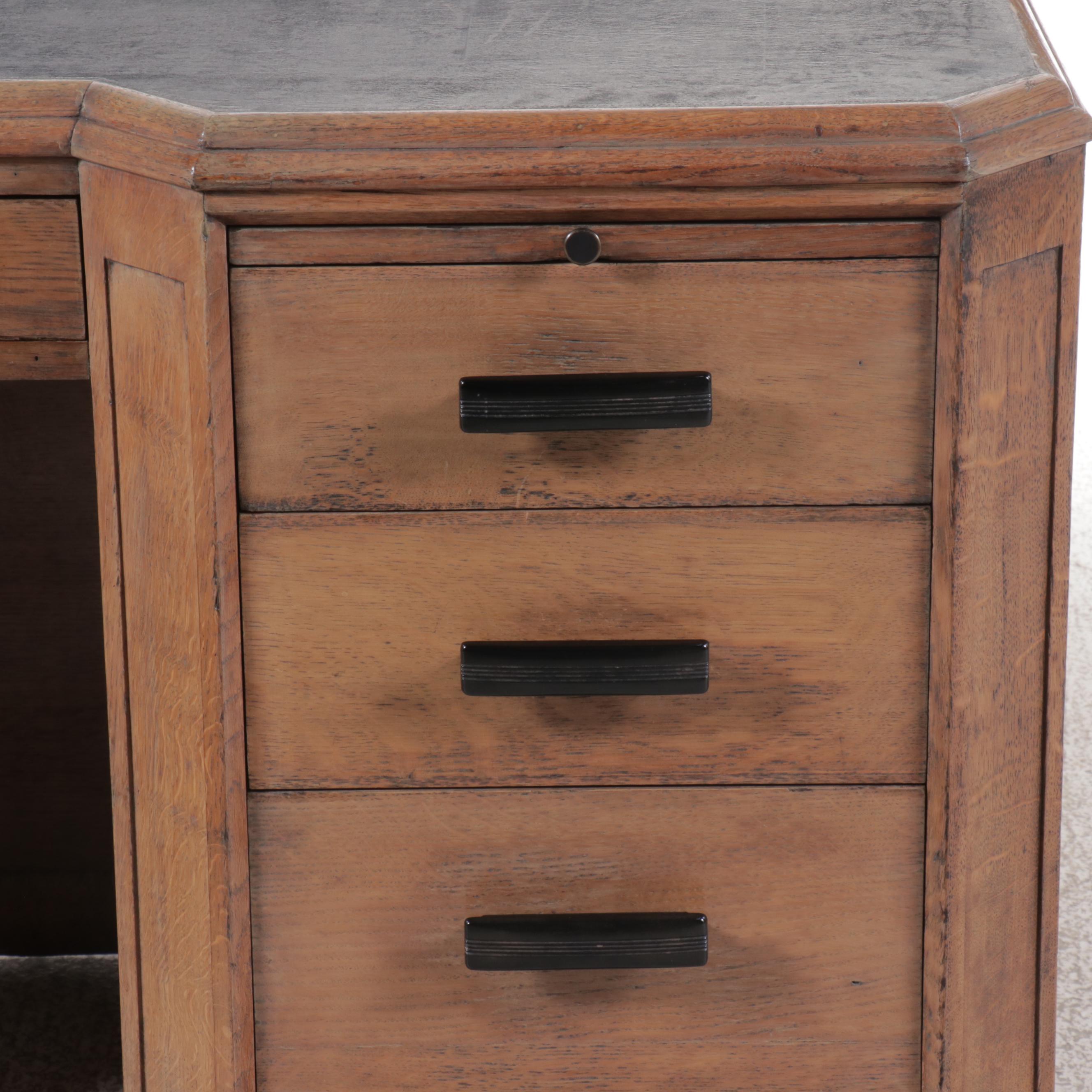 Edwardian Style Leather-Top Oak Desk with Ebonized Handles, Early 20th C.