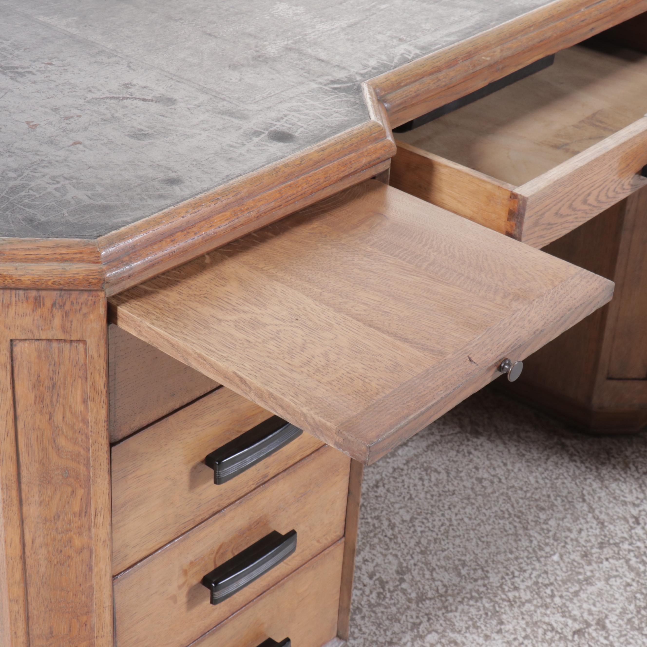 Edwardian Style Leather-Top Oak Desk with Ebonized Handles, Early 20th C.
