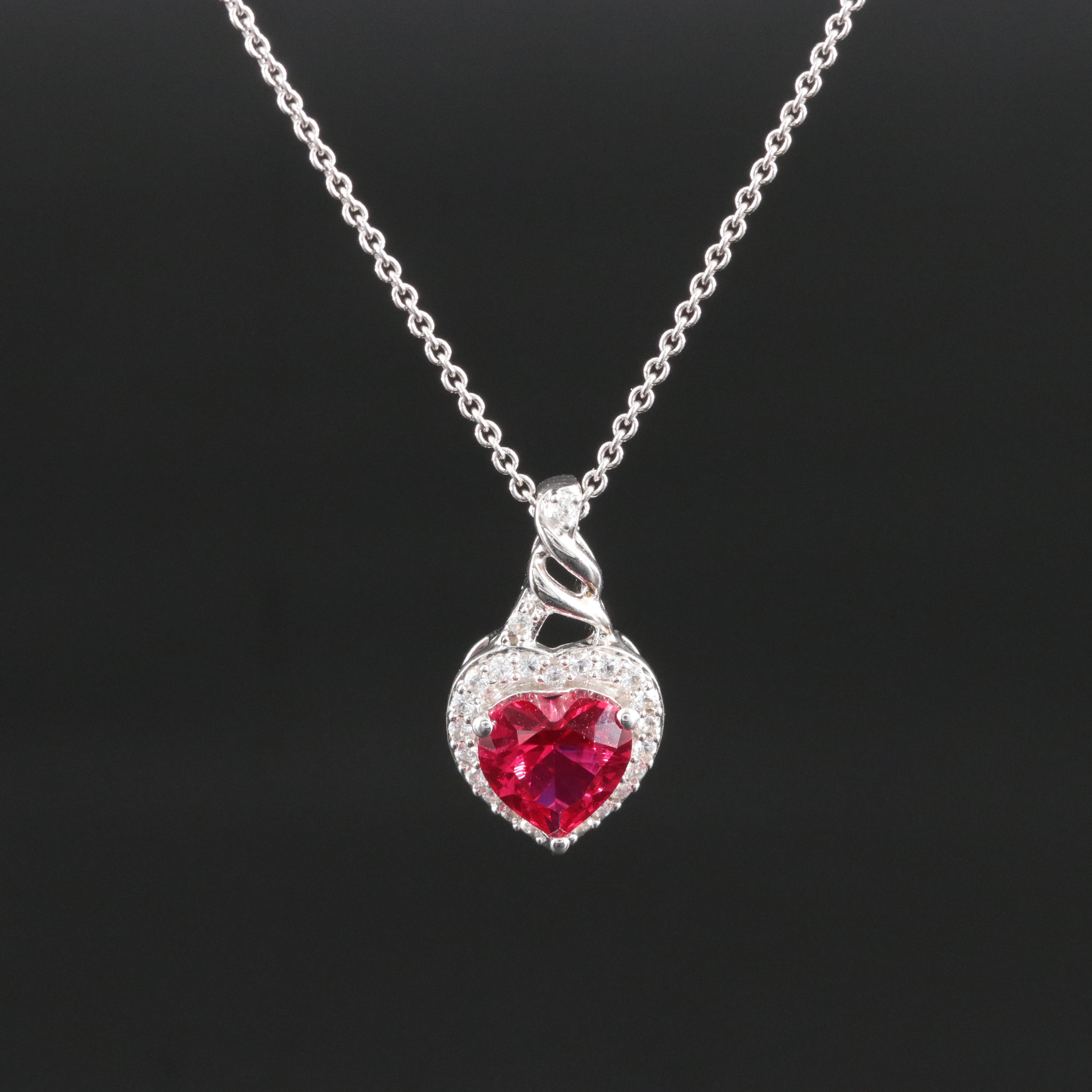 Sterling Lab Grown Ruby and White Sapphire  Heart Pendant Necklace