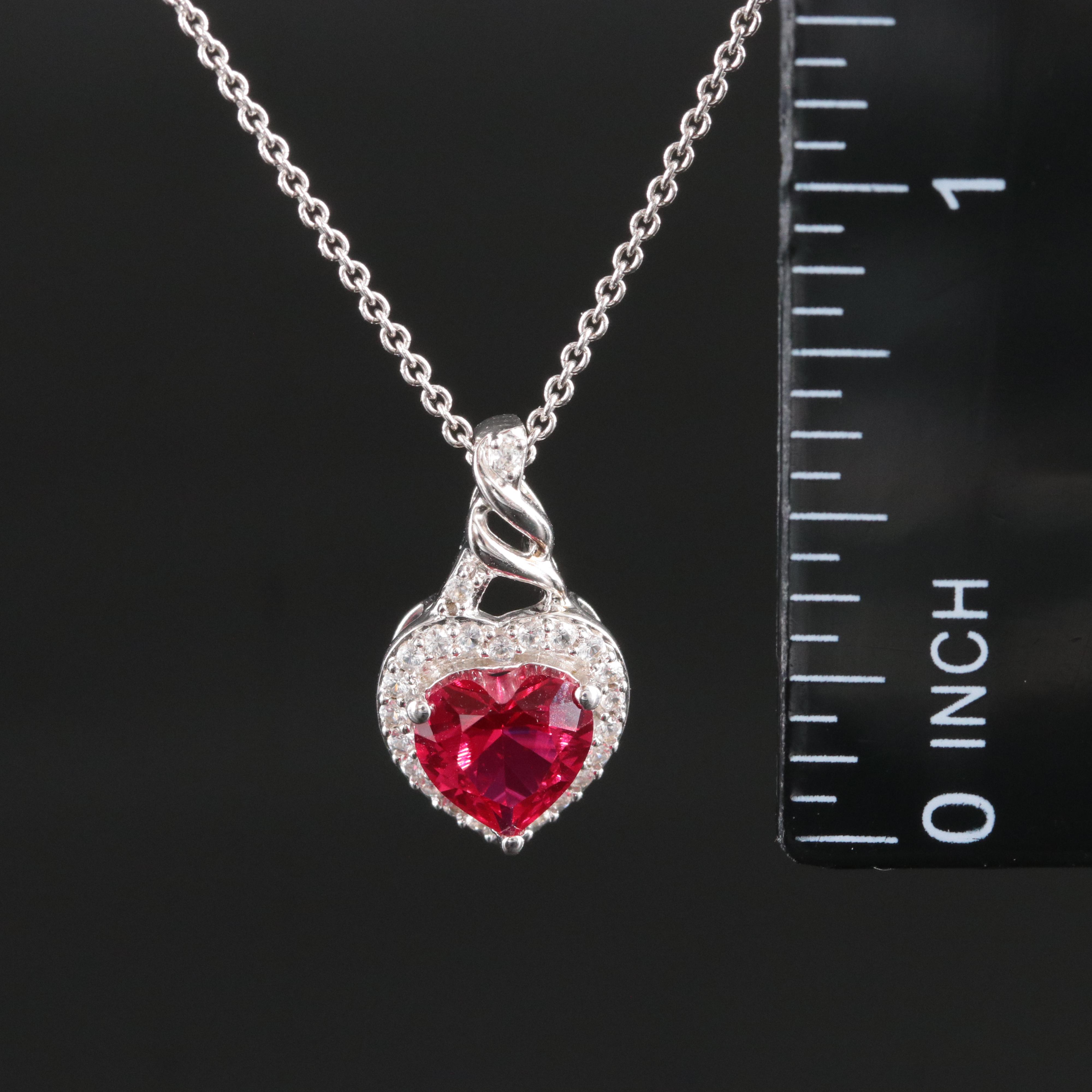 Sterling Lab Grown Ruby and White Sapphire  Heart Pendant Necklace