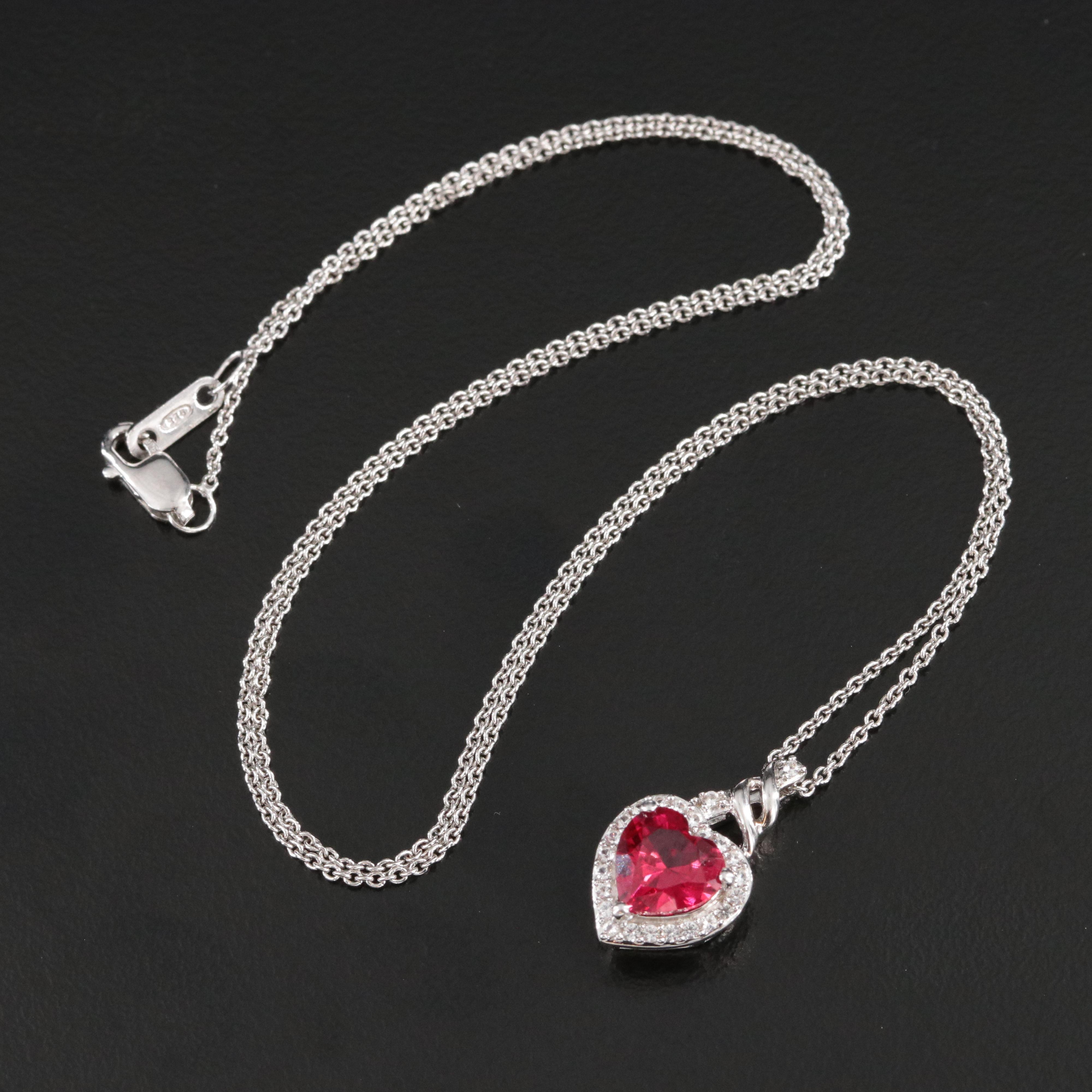 Sterling Lab Grown Ruby and White Sapphire  Heart Pendant Necklace