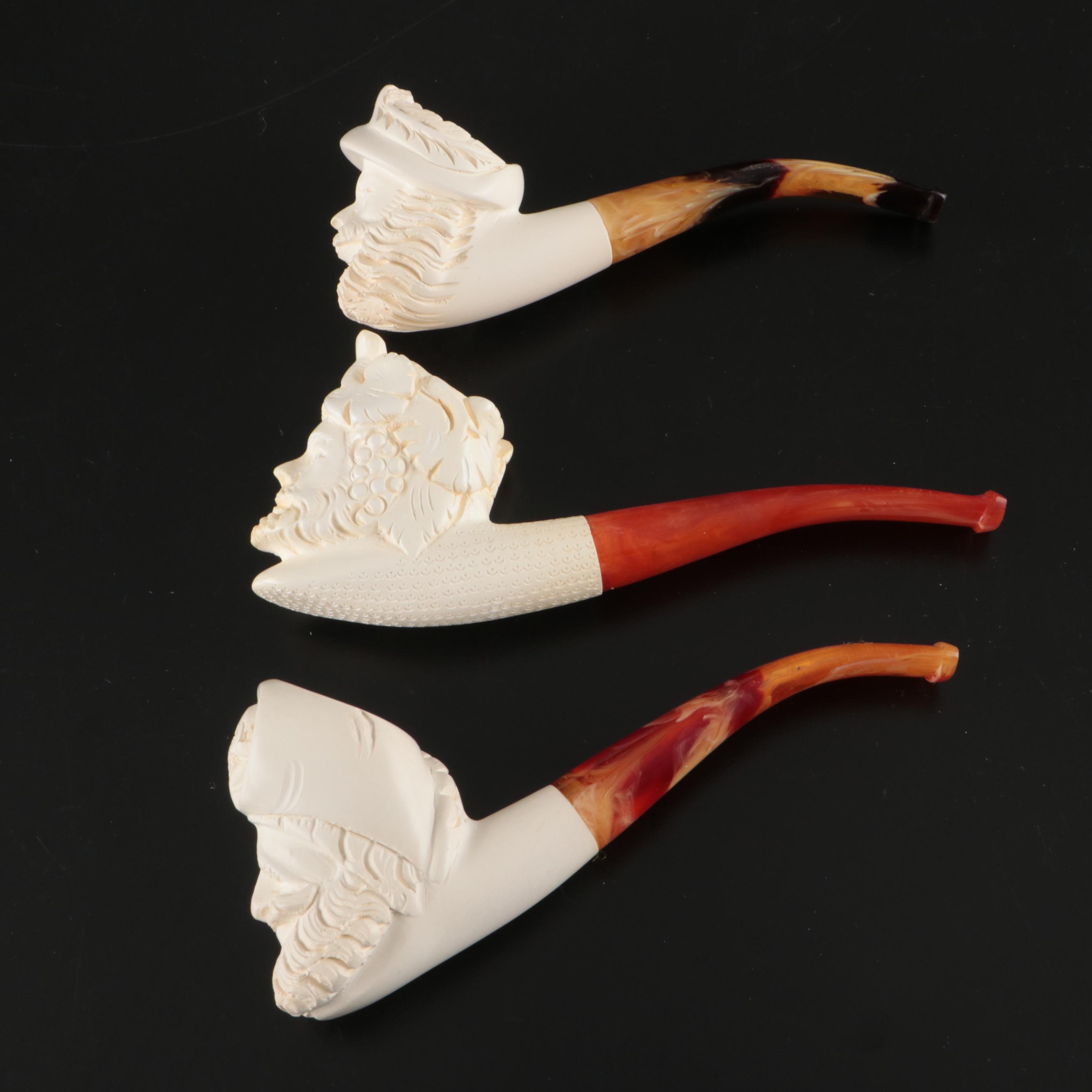 Turkish Carved Sultan Meerschaum Pipe with Other Figural Tobacco Pipes, 20th C.