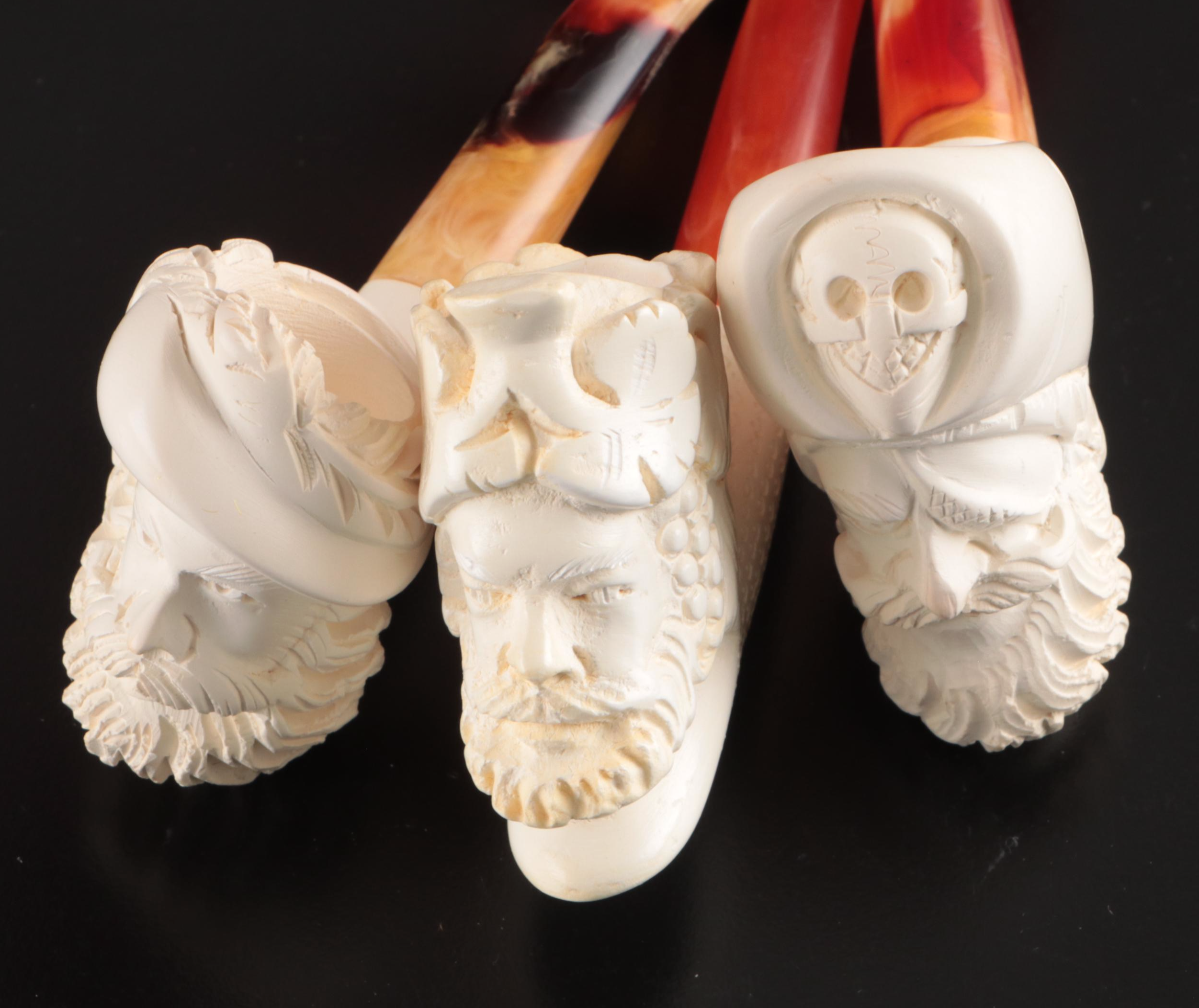 Turkish Carved Sultan Meerschaum Pipe with Other Figural Tobacco Pipes, 20th C.