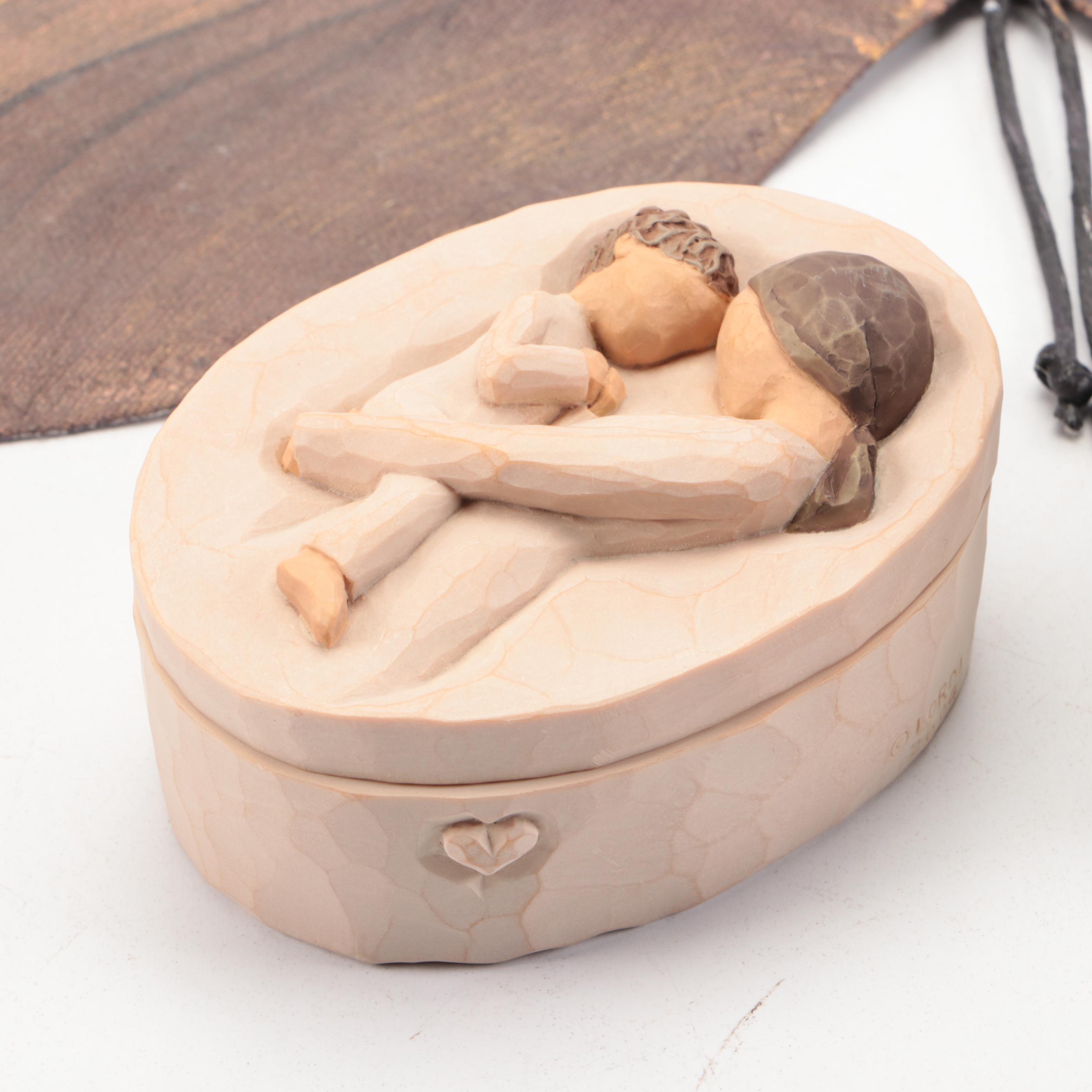 Carole Shiber Hand-Painted Leaf Placemats with Willow Tree Figurine and Box