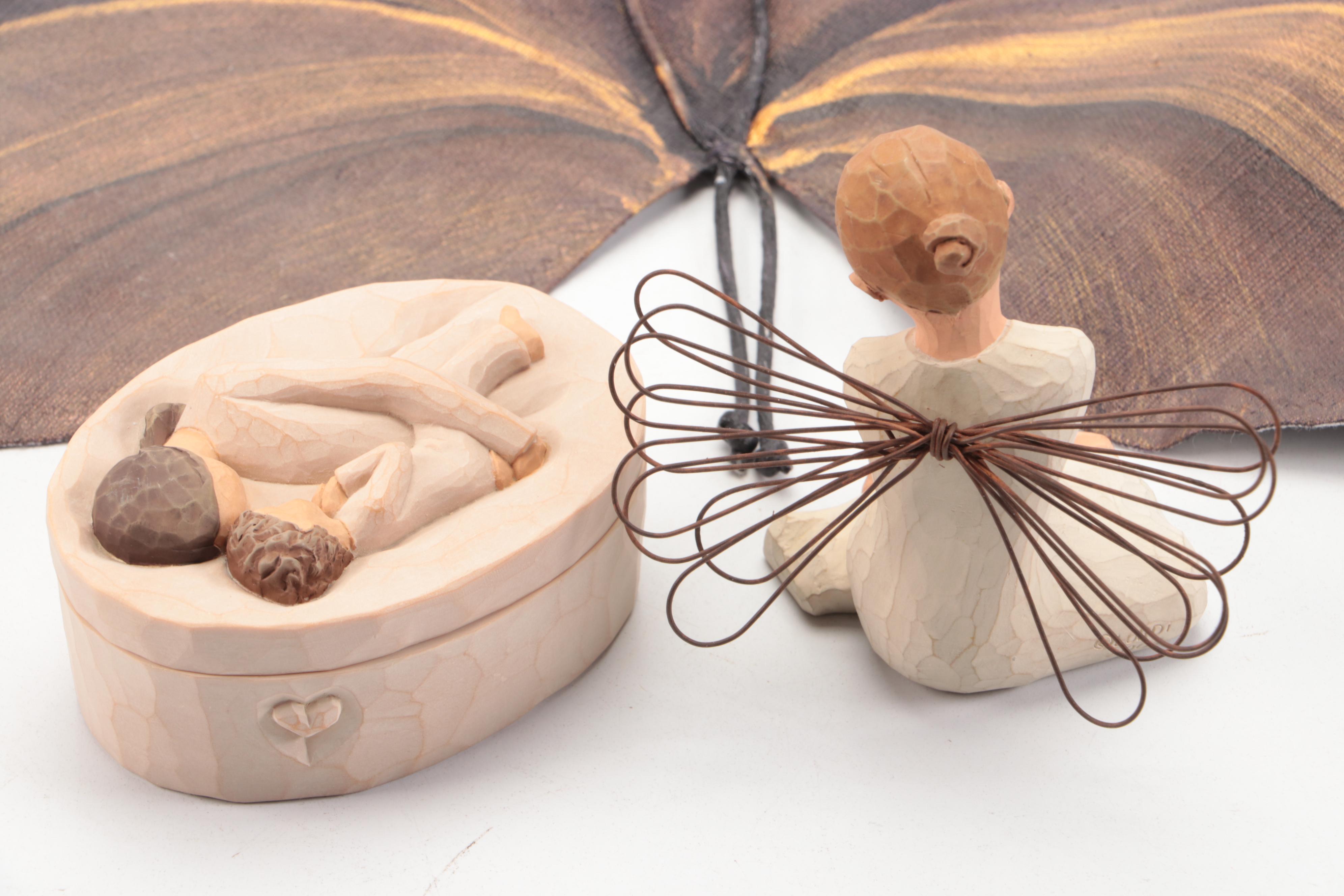 Carole Shiber Hand-Painted Leaf Placemats with Willow Tree Figurine and Box