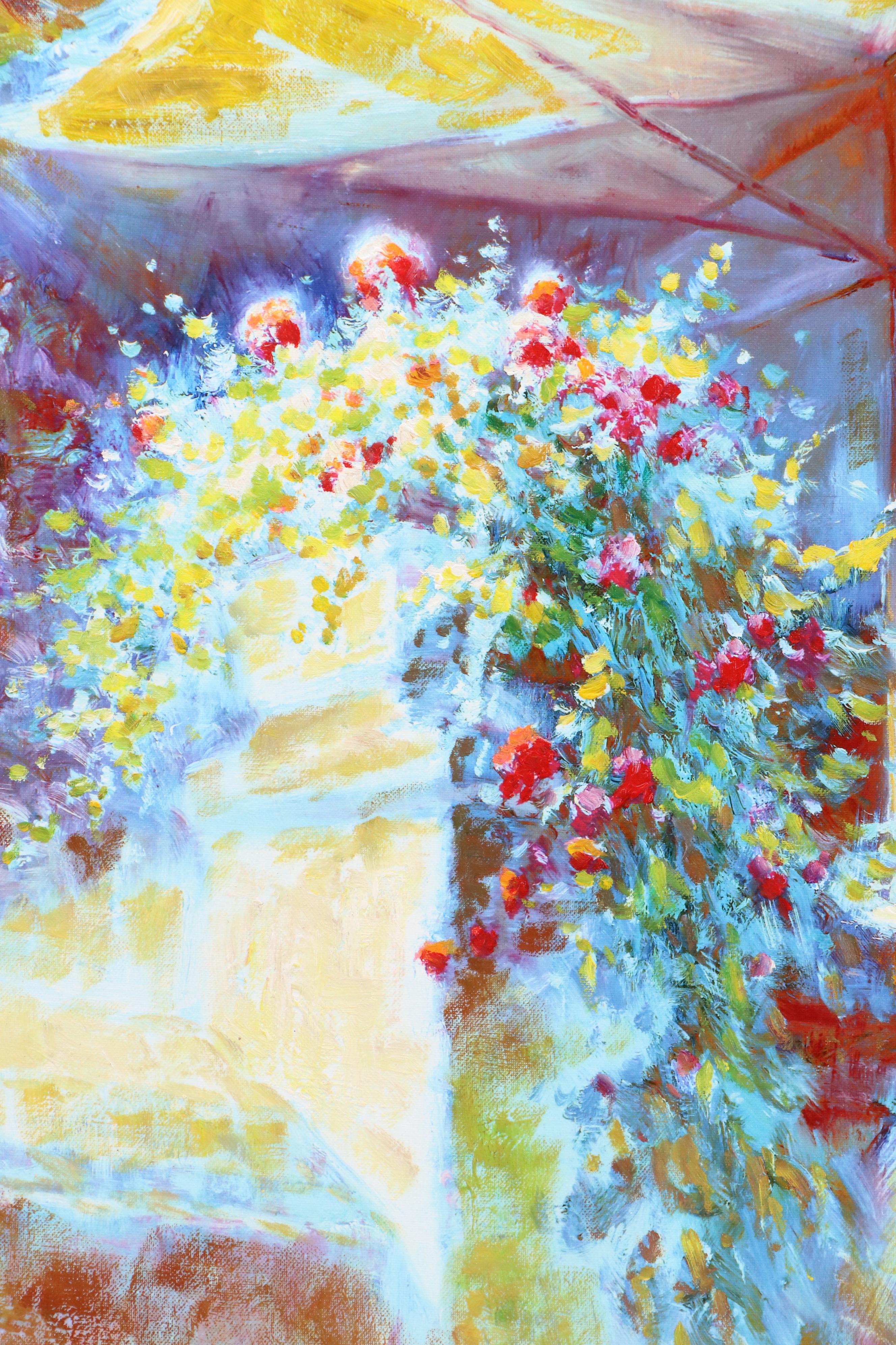 T. Tabee Fauvist Inspired Oil Painting of Floral Scene with Umbrella