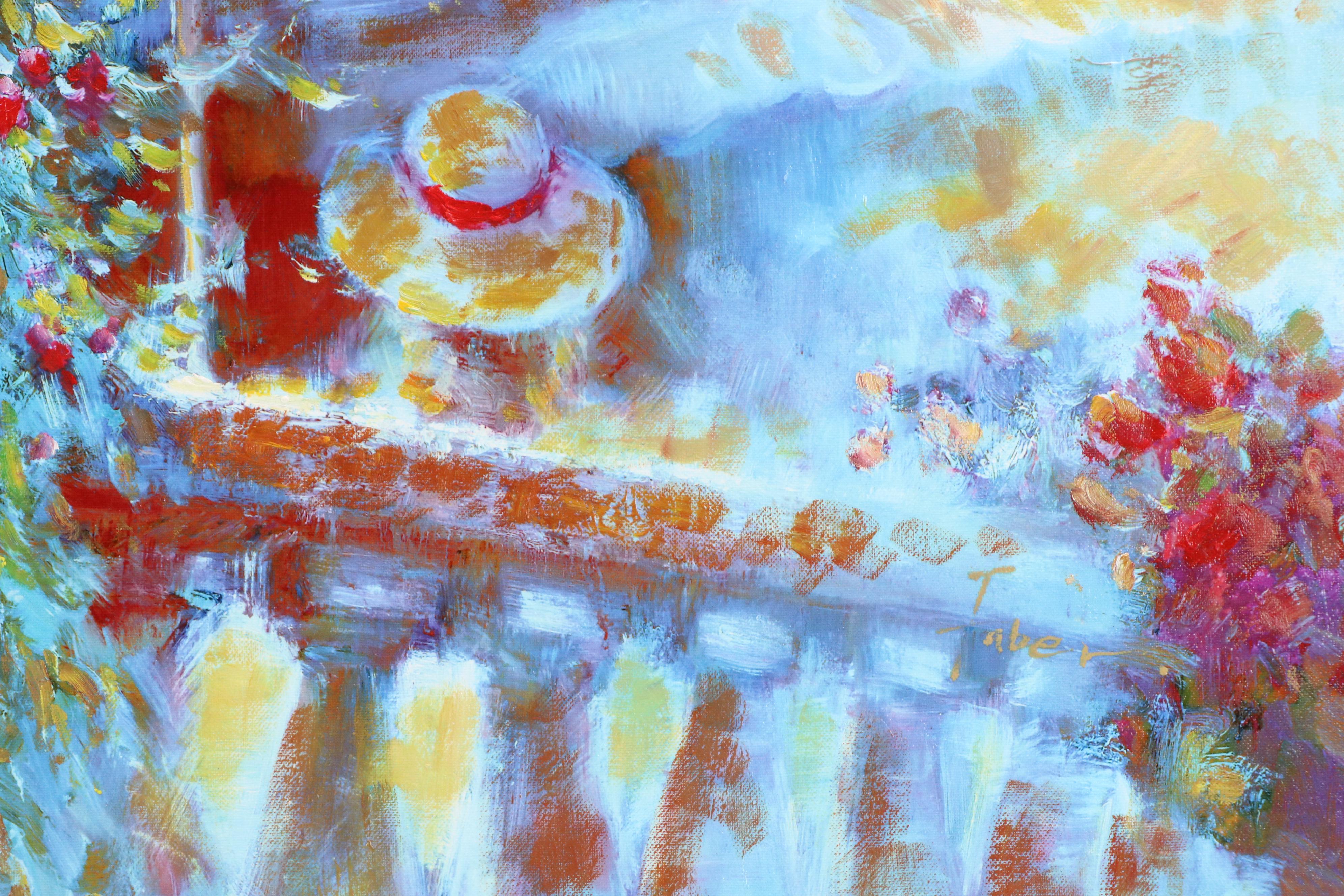 T. Tabee Fauvist Inspired Oil Painting of Floral Scene with Umbrella